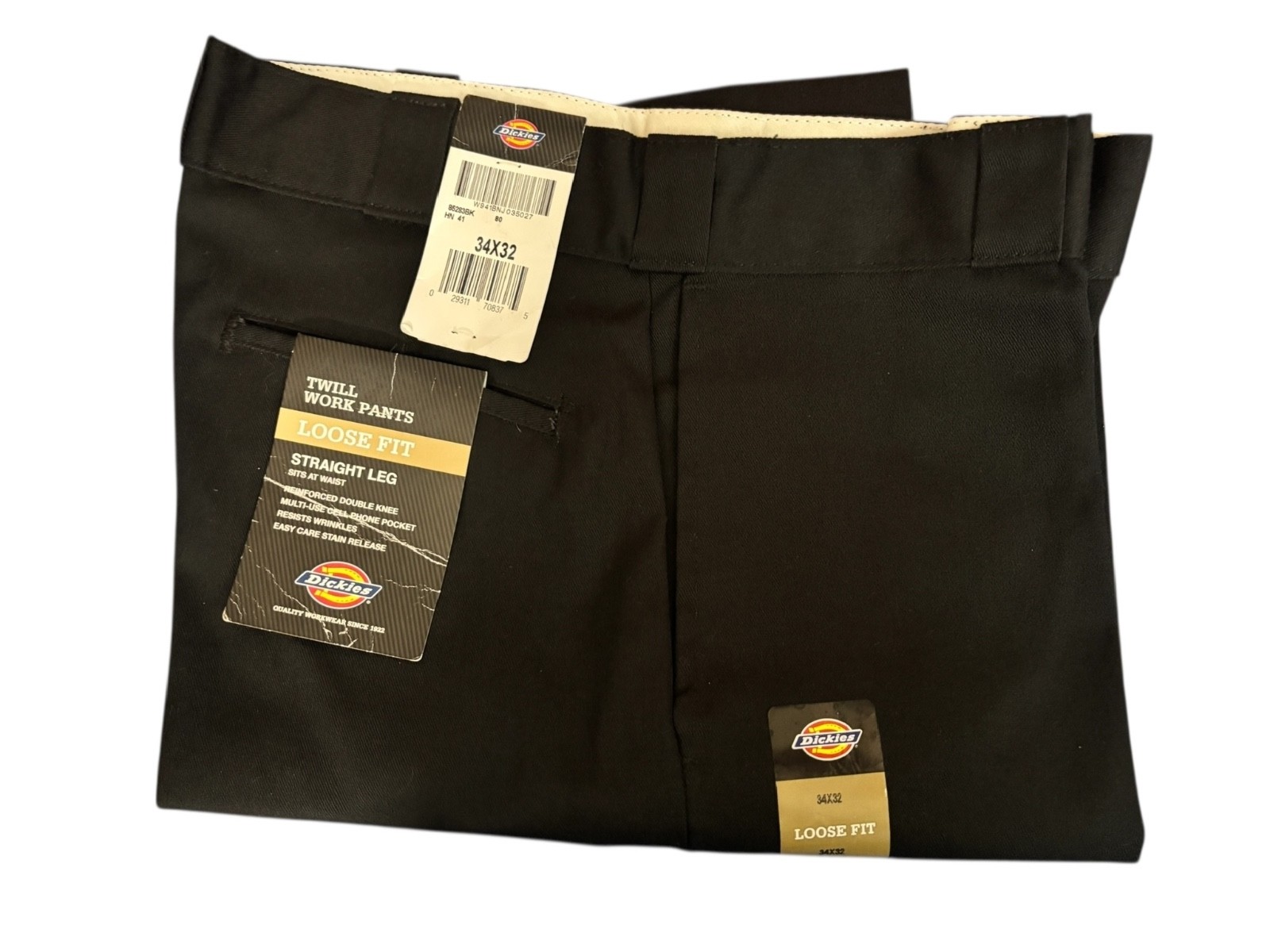 dickies mens loose fit double knee cell phone pocket work pants black 34×32 new
