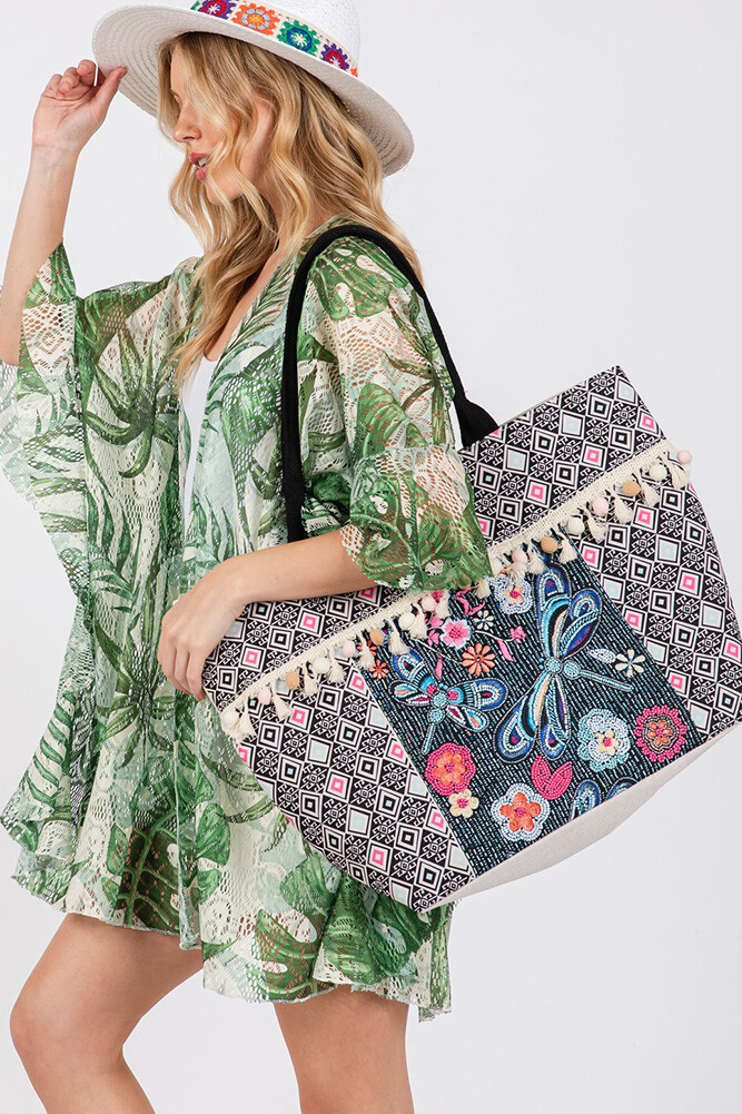 Anthropologie Style Women Boho Pattern Dragonfly Tassel Beach Resort Tote Bag