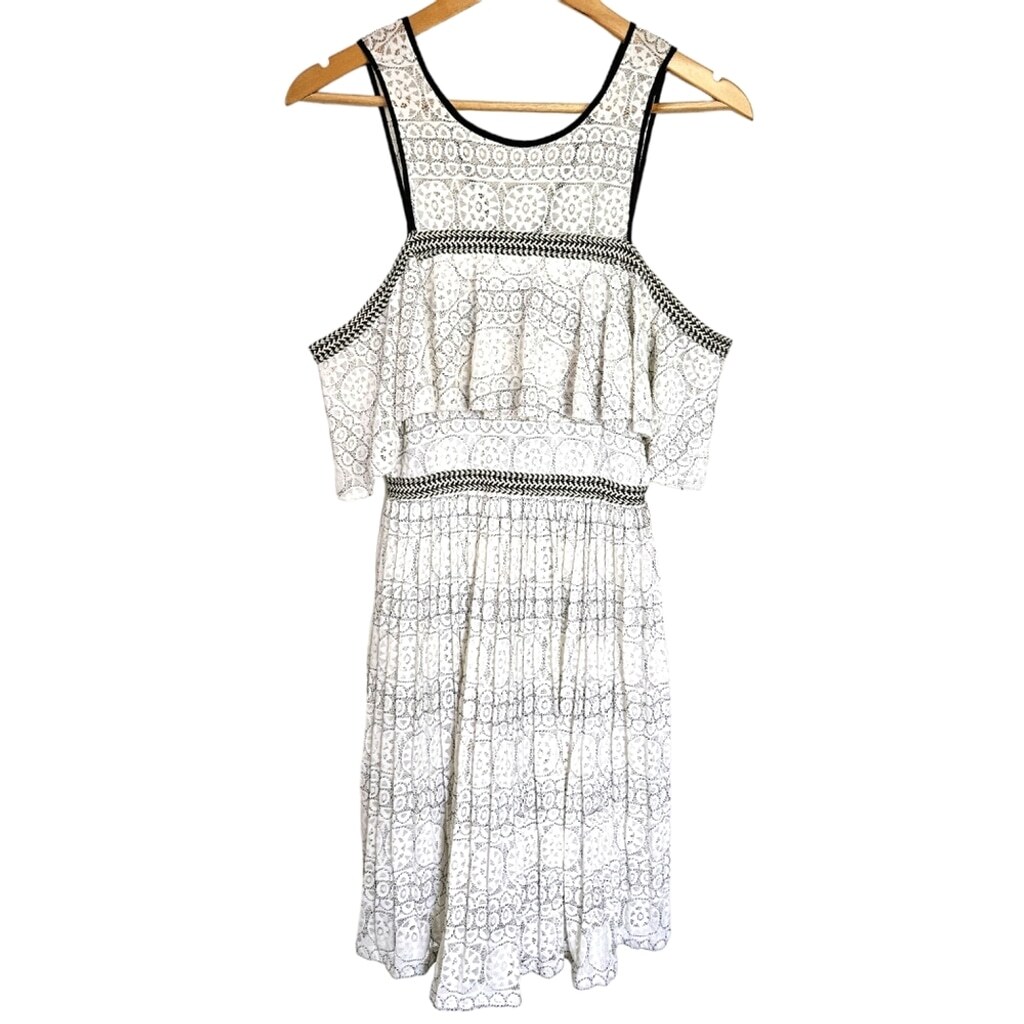 Foxiedox white lace Belinda mini dress S small with black trim