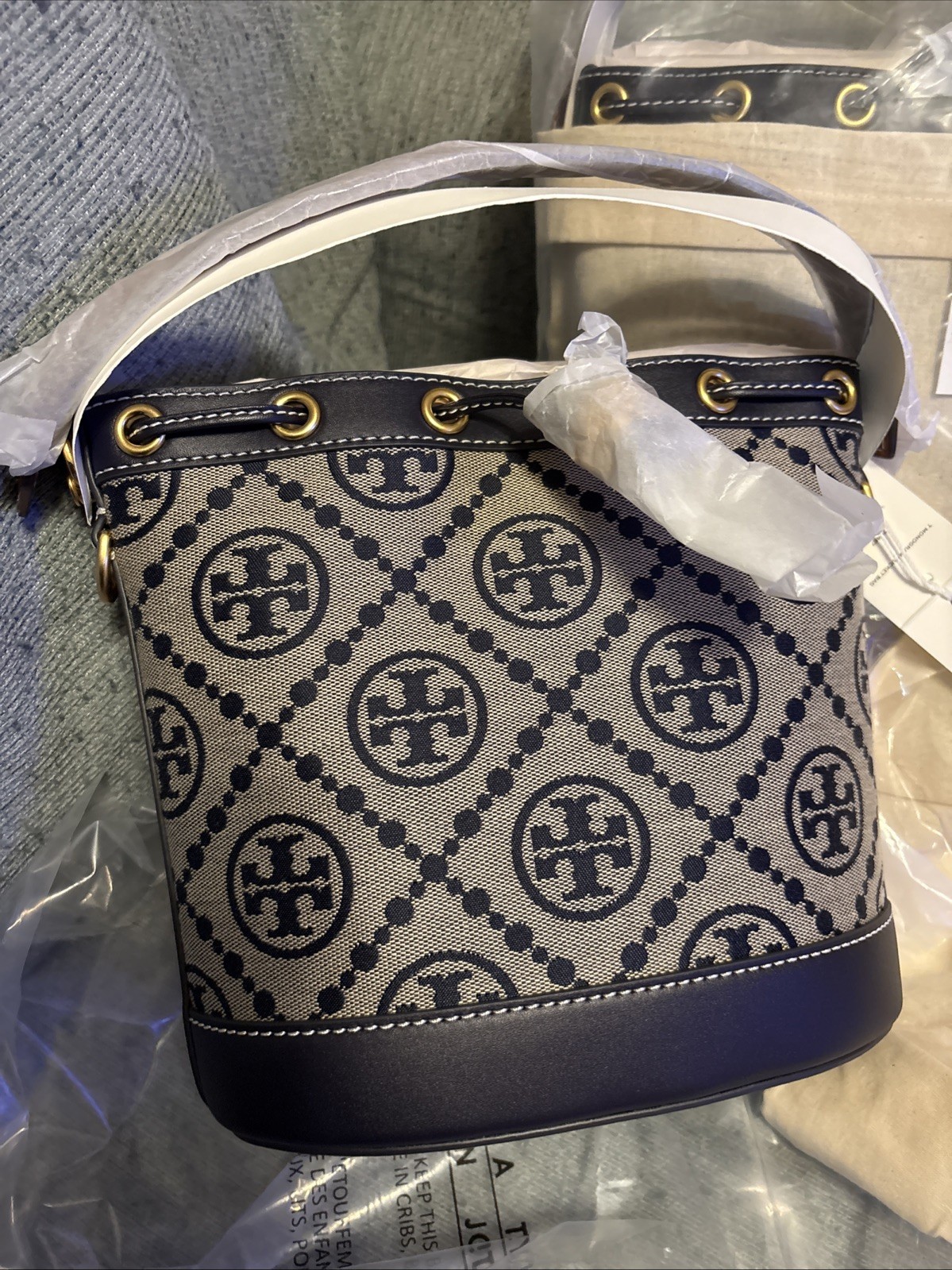 NWT Tory Burch T Monogram Jacquard Bucket Bag – Navy Blue Medium retail for $468