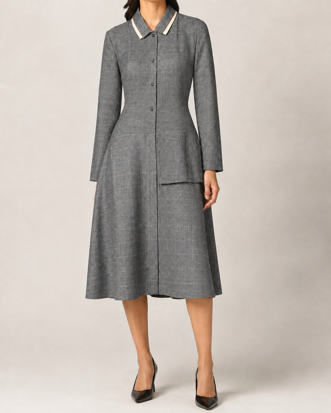 Ferragamo Gray Wool Linen Button Front Midi Dress IT 44 US 8