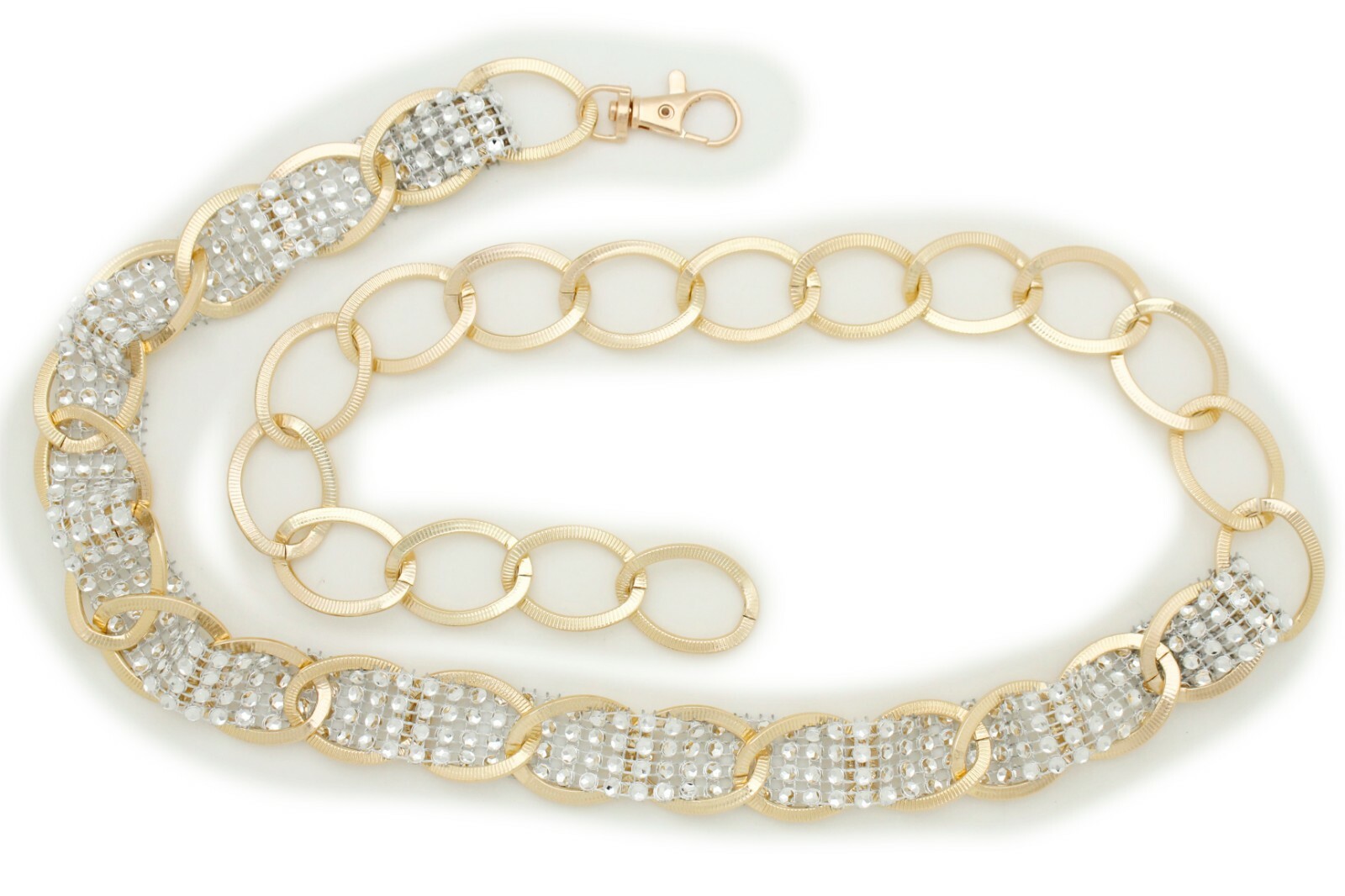 Women Gold Color Metal Chain Fashion Belt Silver Mesh Fabric Bling Beads XS S M