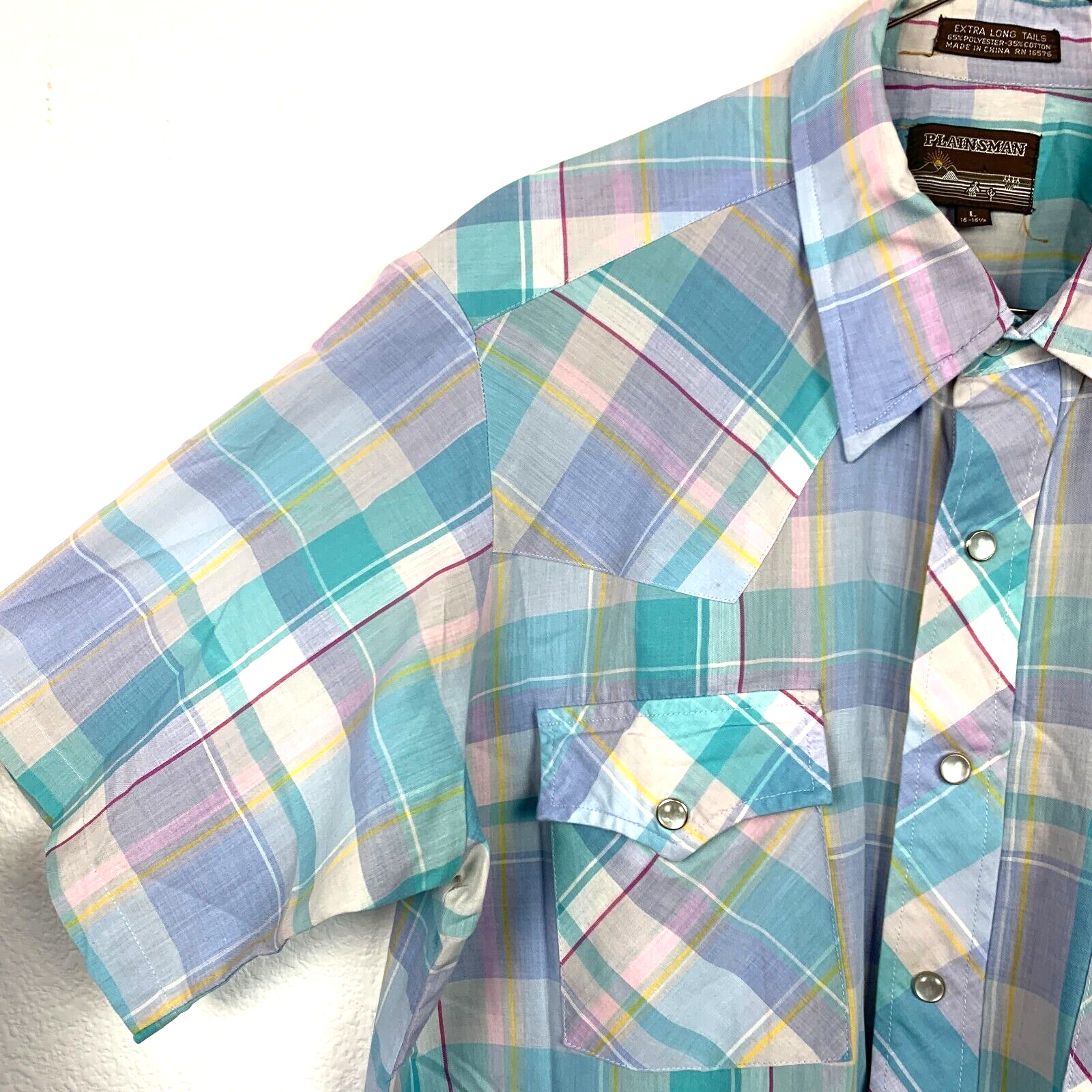 Vintage 80s Plainsman Blue Purple Plaid Western Pearl Snap Short Sleeve Shirt L