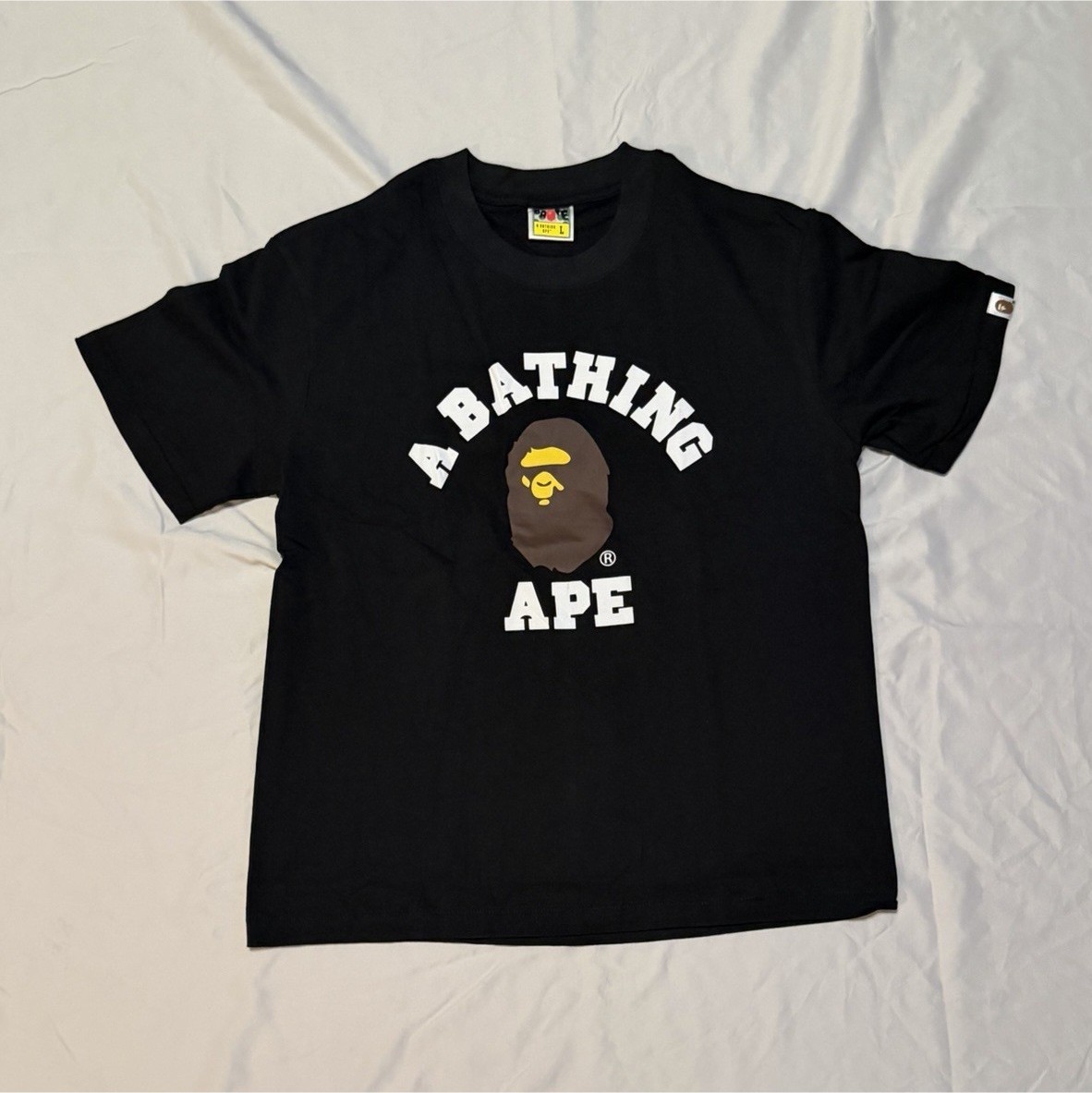 A Bathing Ape Men’s Black College Logo Ape Head Graphic Crew Neck Tee Size L