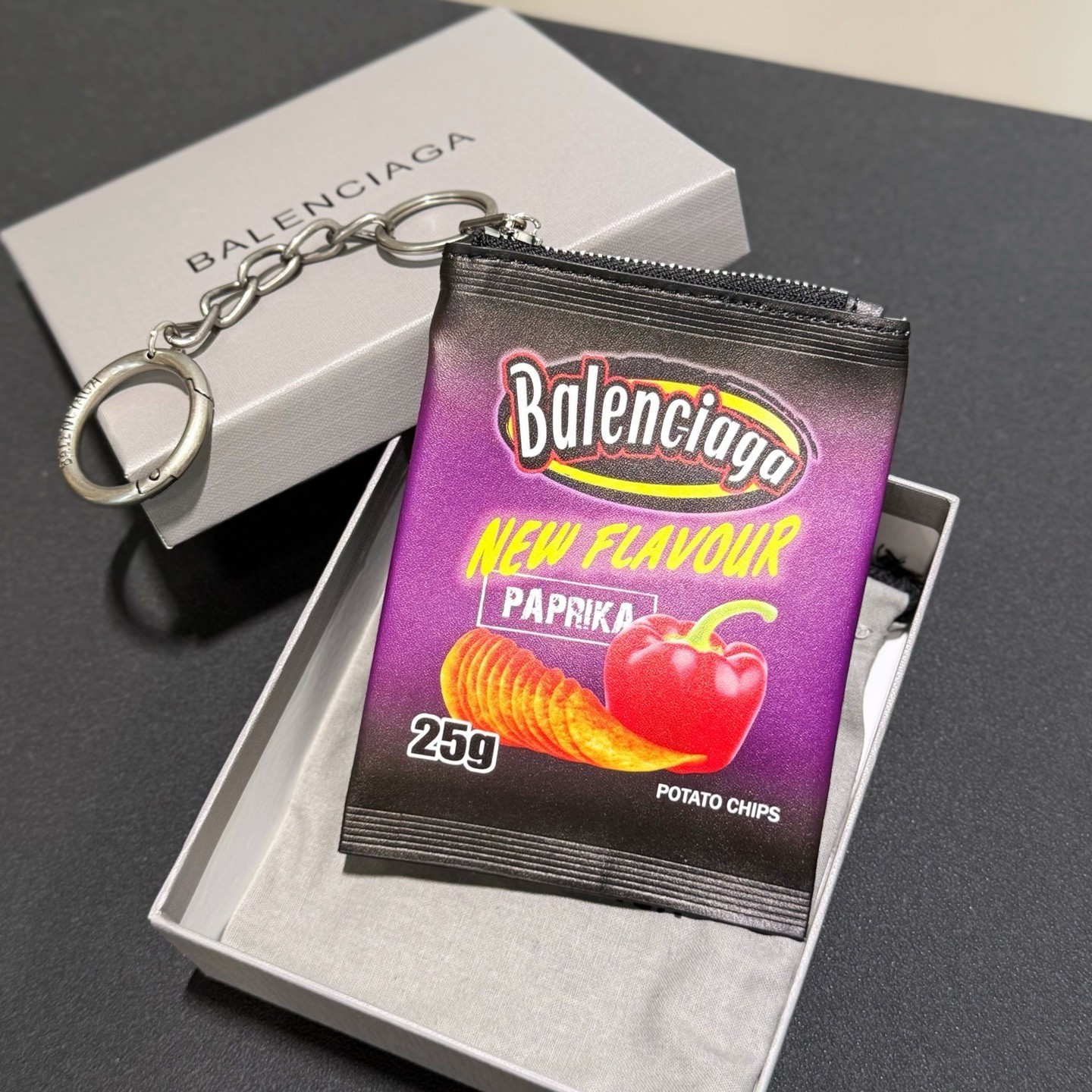 Balenciaga Luxury Potato Chips Bag Charm Purple Paprika Coin Pouch W/ Box