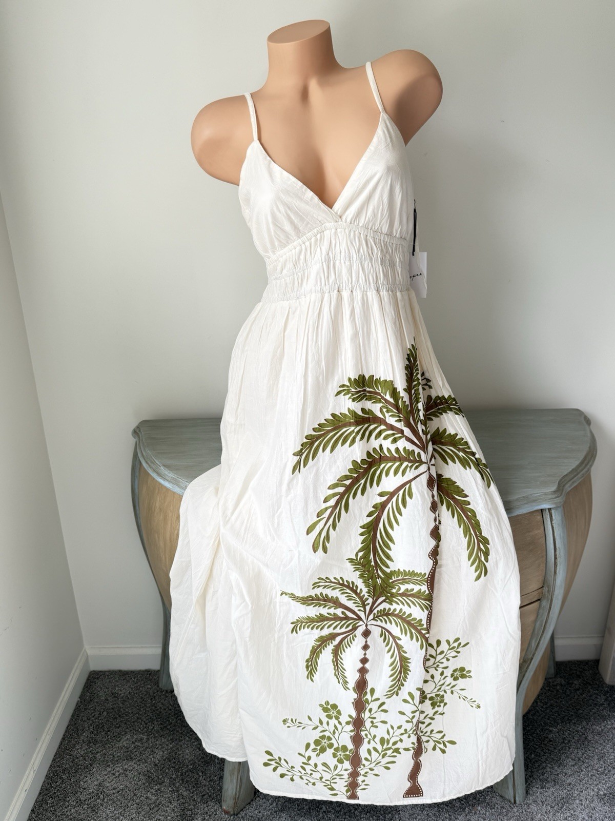 Tropical Palm Coconut Tree 100% Cotton Maxi Dress Medium Ivory NWT Farm Rio-Feel