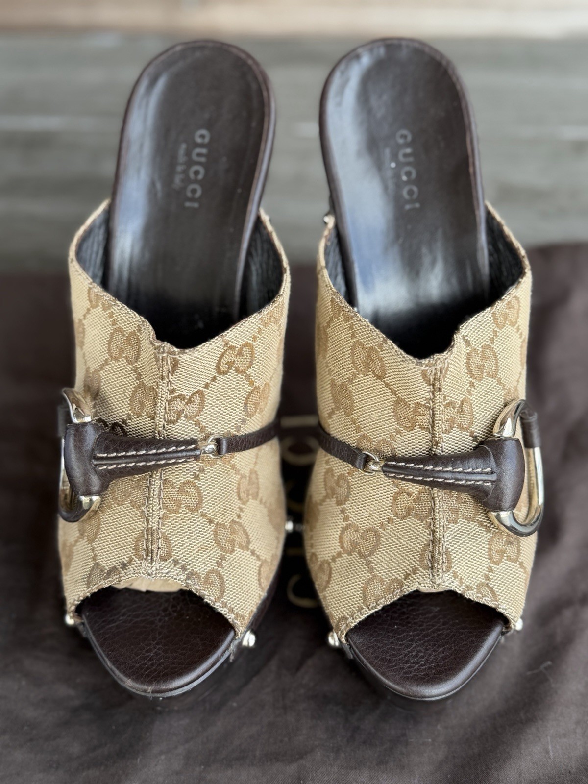 Gucci Beige/Ebony GG Canvas Horsebit Platform Wood Mule Heels Size 39