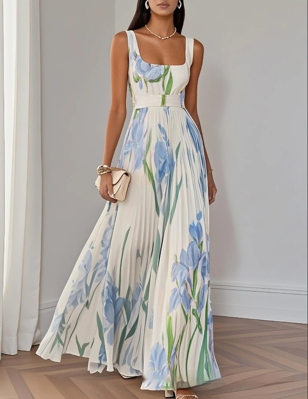 Sleeveless Formal Pleated Printed Dress Women A-Line Elegant Party Summer Midi