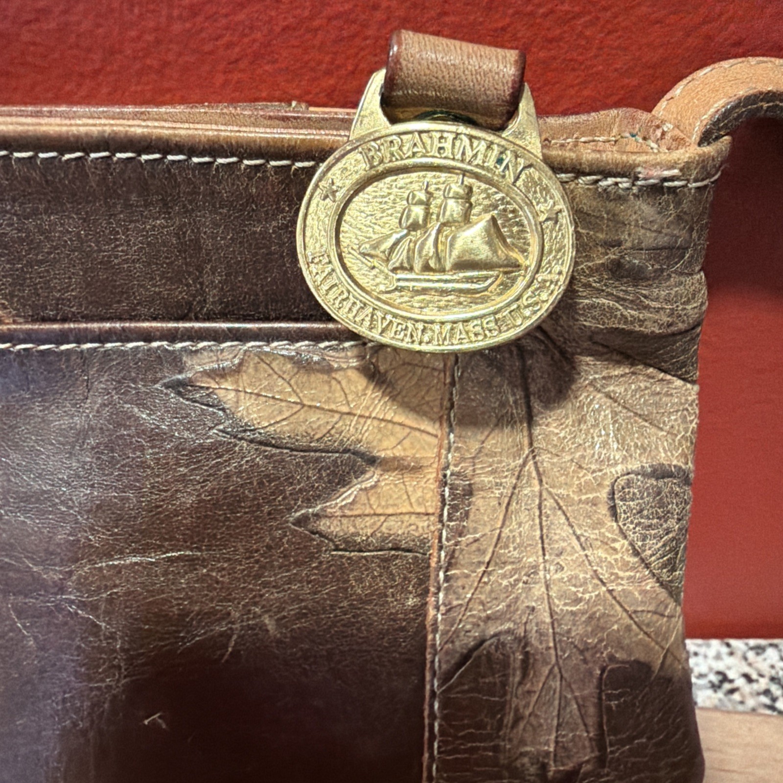 Small Brahmin Crossbody Tan And Brown Oak Leaf