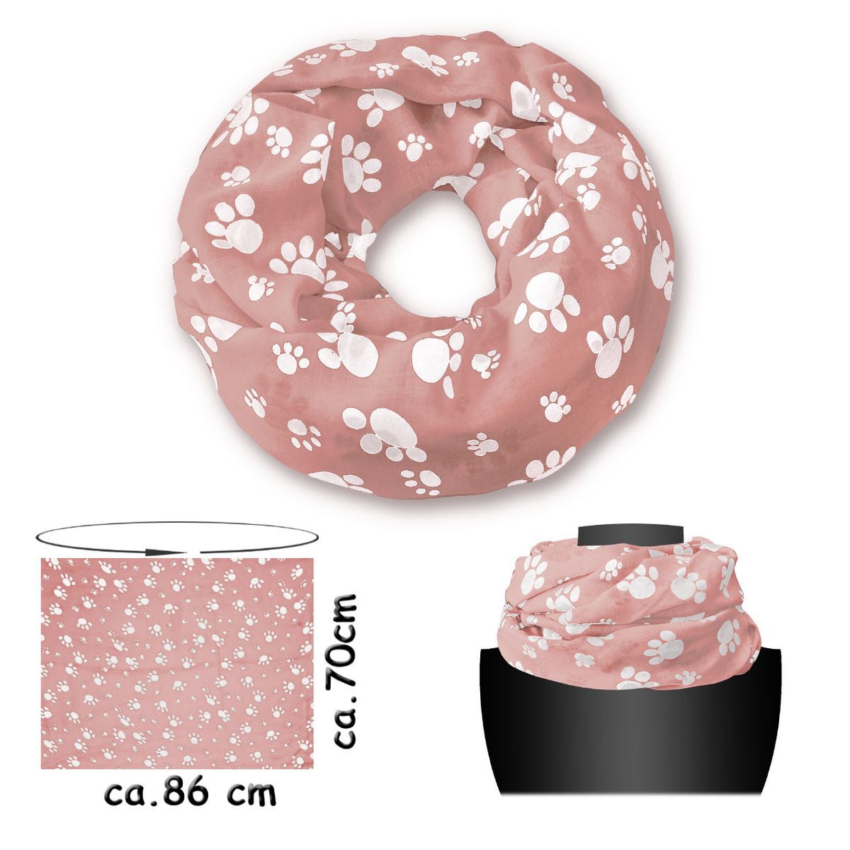 Paws Loop Scarf in 4 Colours Paw Wrap Scarf Grey White Pink Black