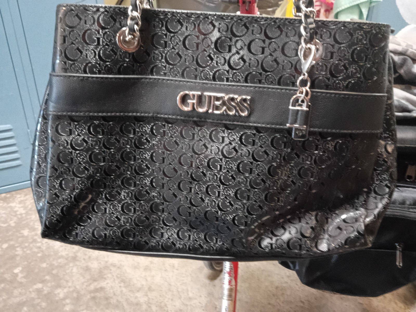 GUESS Black Logo Embossed Large Shoulder Tote Zip Chain Strap Silver Hardware