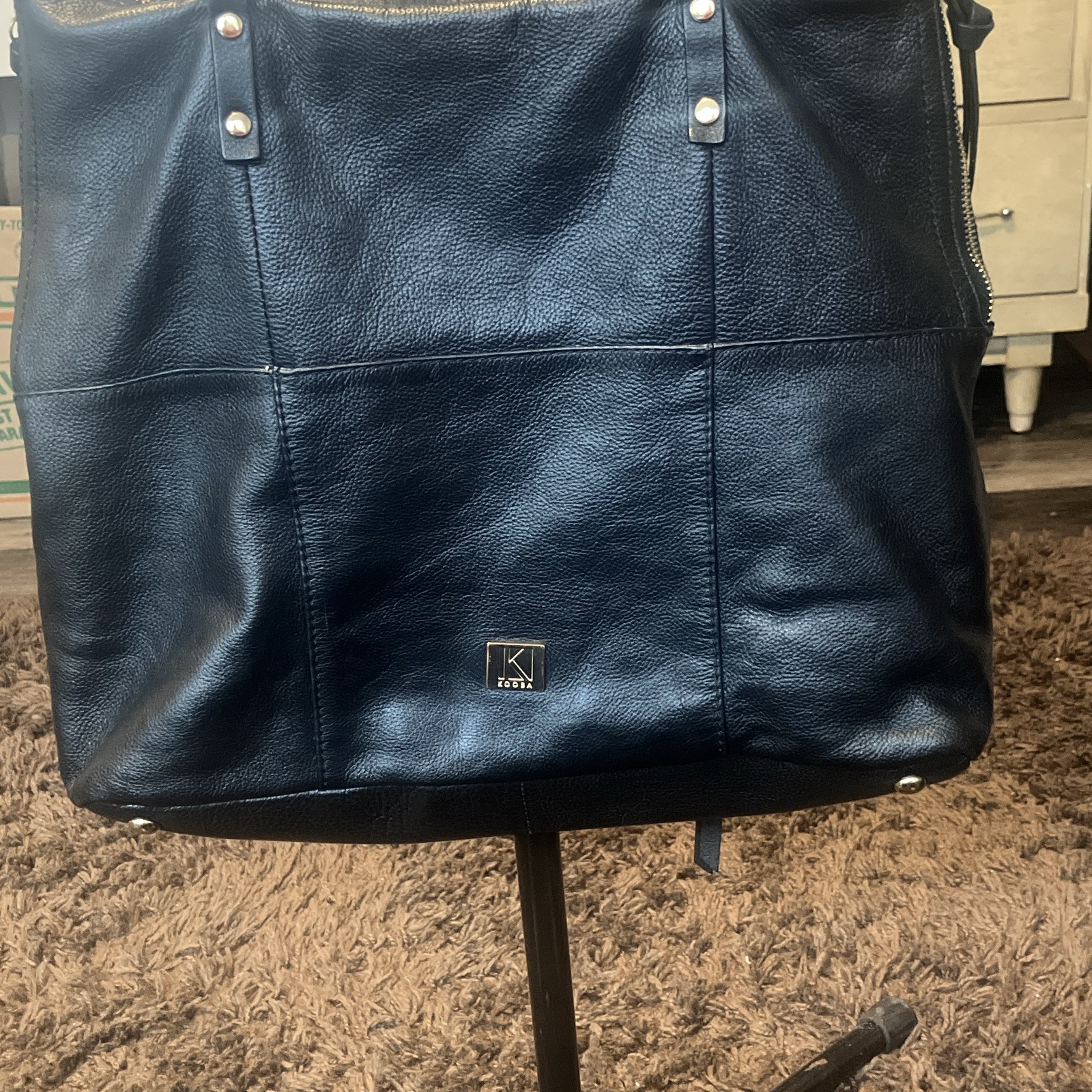 Kooba Large Black Pebbled Studded Top Handle Tote Bag Solid Pattern