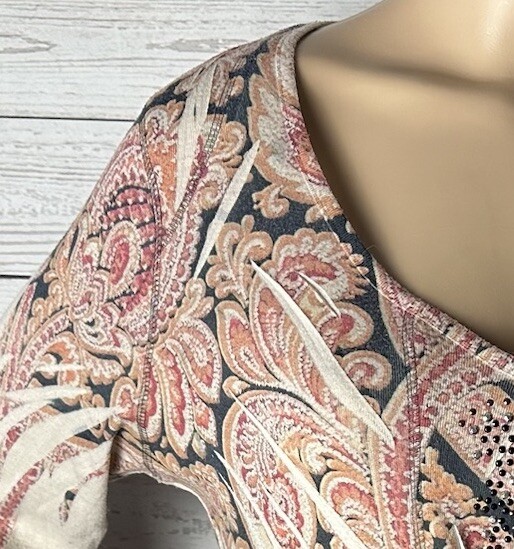 Vintage 90s One World Tunic Large Pink Tan Black Orange Paisley Rhinestone Shirt