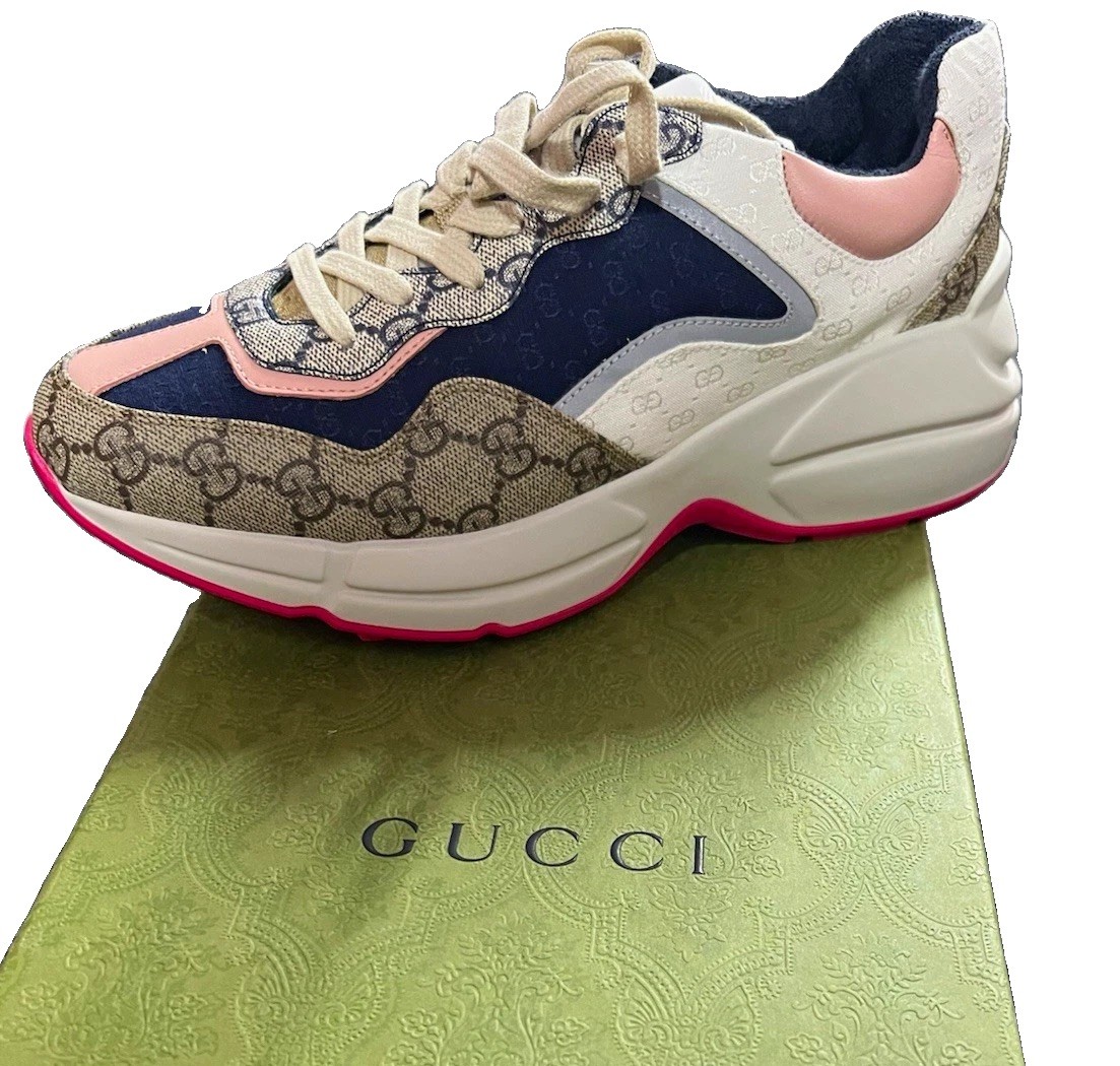 Gucci Women’s GG Rhyton, Lace-Up Sneakers, Beige Navy Pink