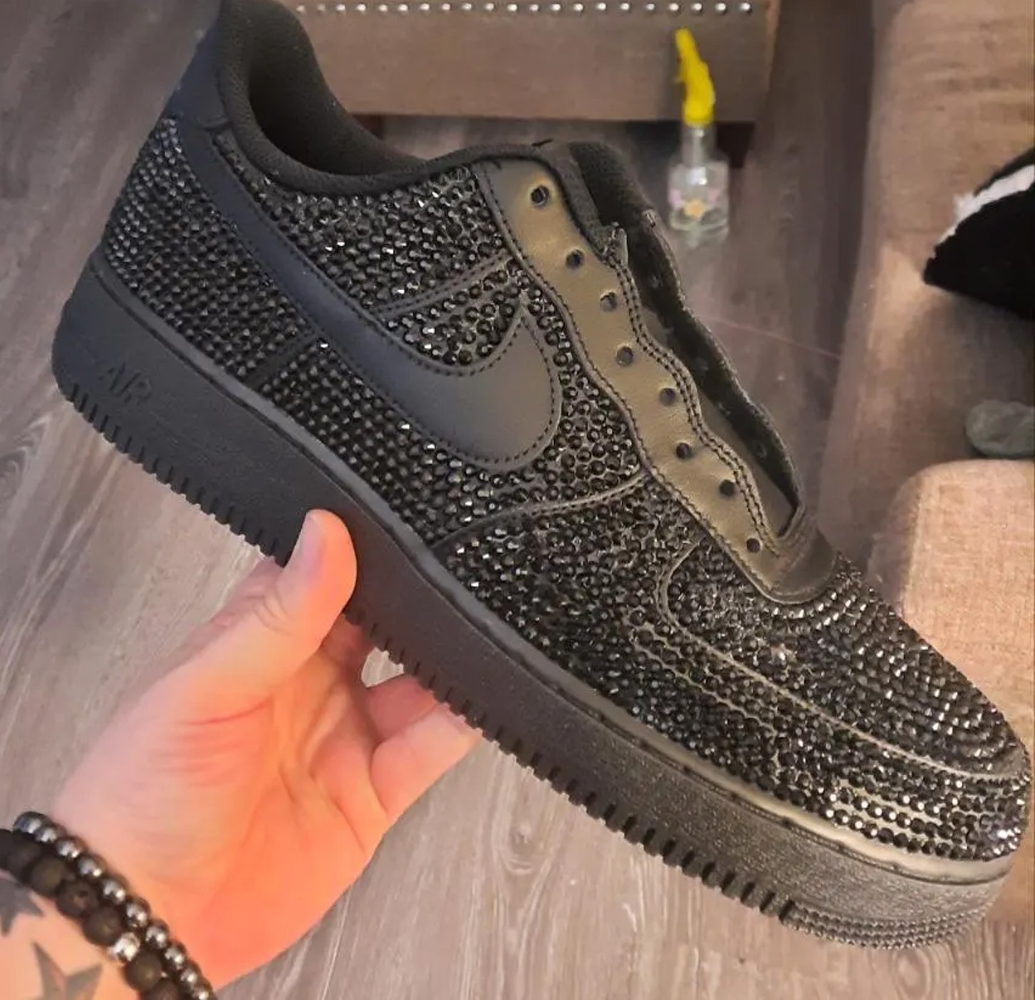 Custom Nike Air Force 1s with Crystal Clear Rhinestones, All Black