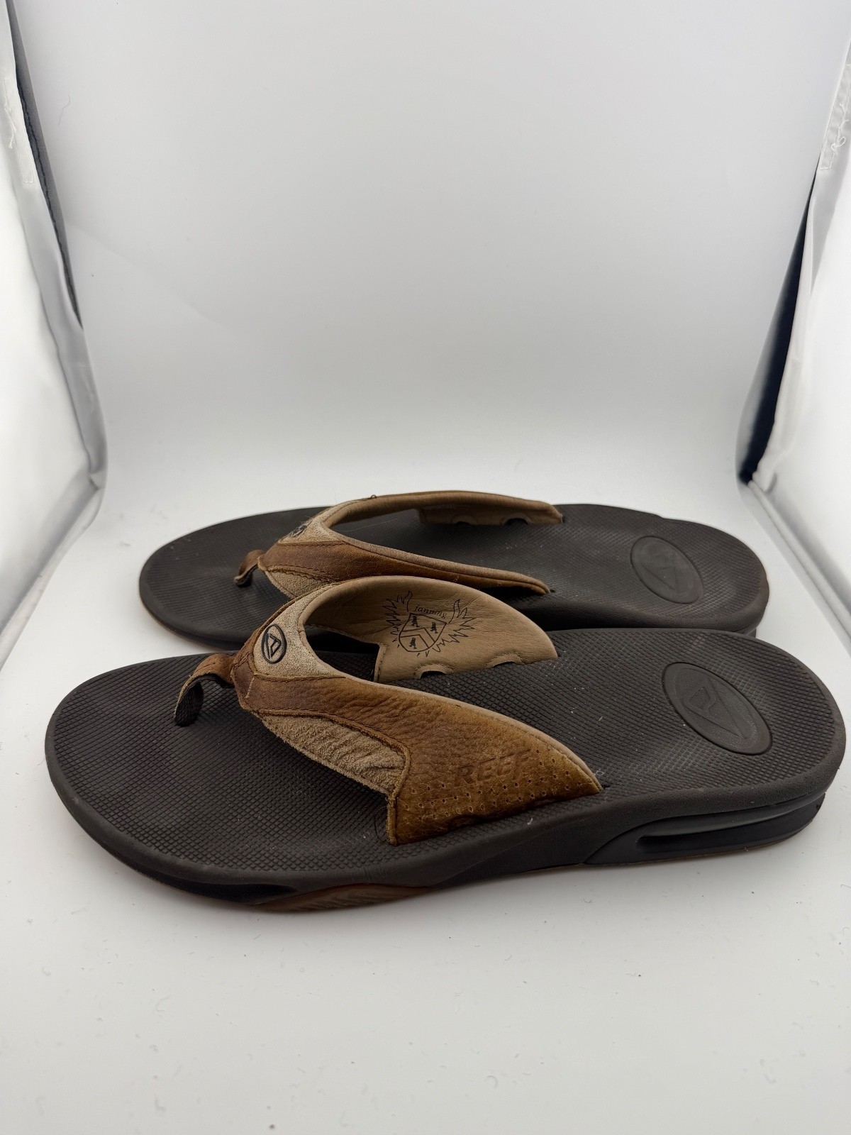 Reef Fanning Flip Flops with Bottle Opener, Brown Leather and Suede, Size 10