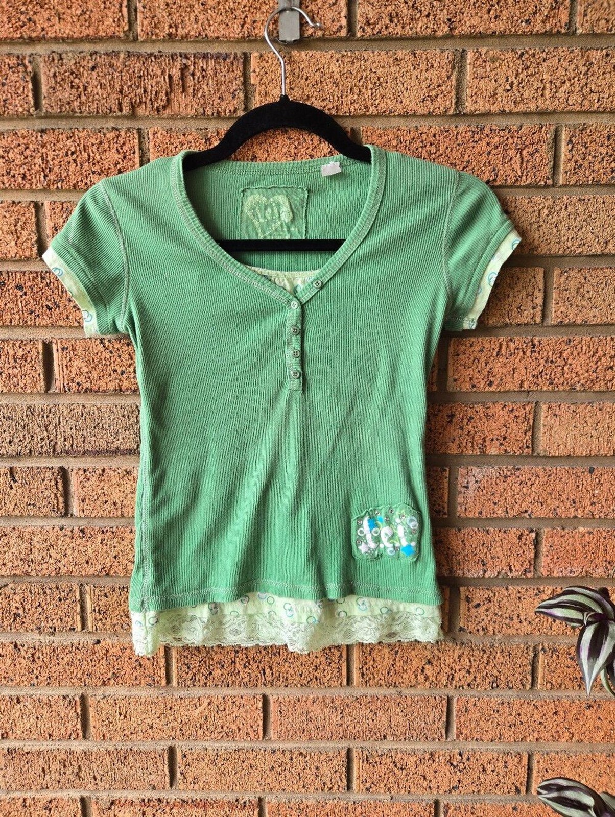 Vintage Y2K Lei Sage Green Ribbed Lace Trim Henley Top Coquette Fairy Grunge