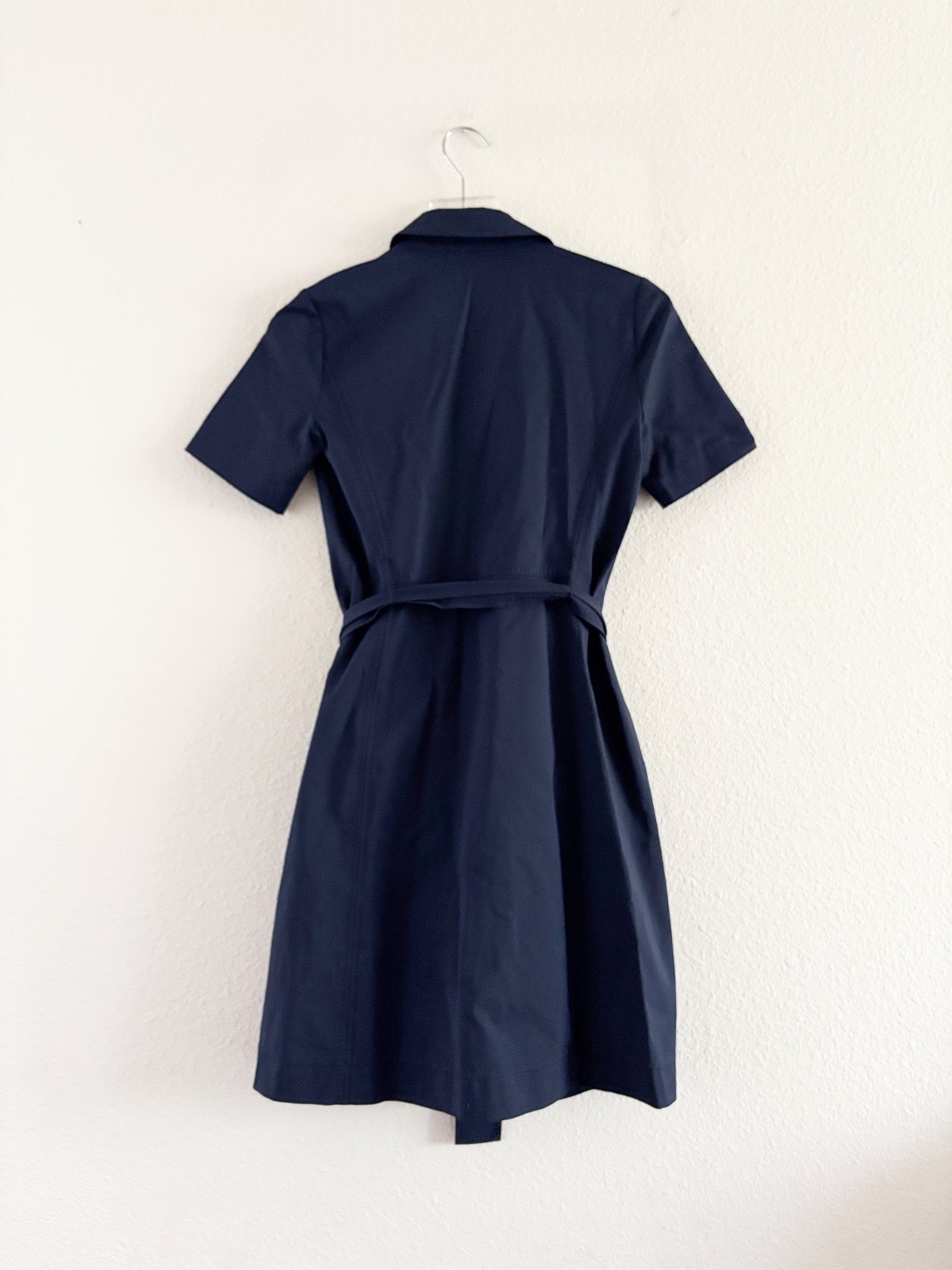 Lafayette 148 New York Navy Shirt Dress Short Sleeve Button Front Tie Waist Sz 0