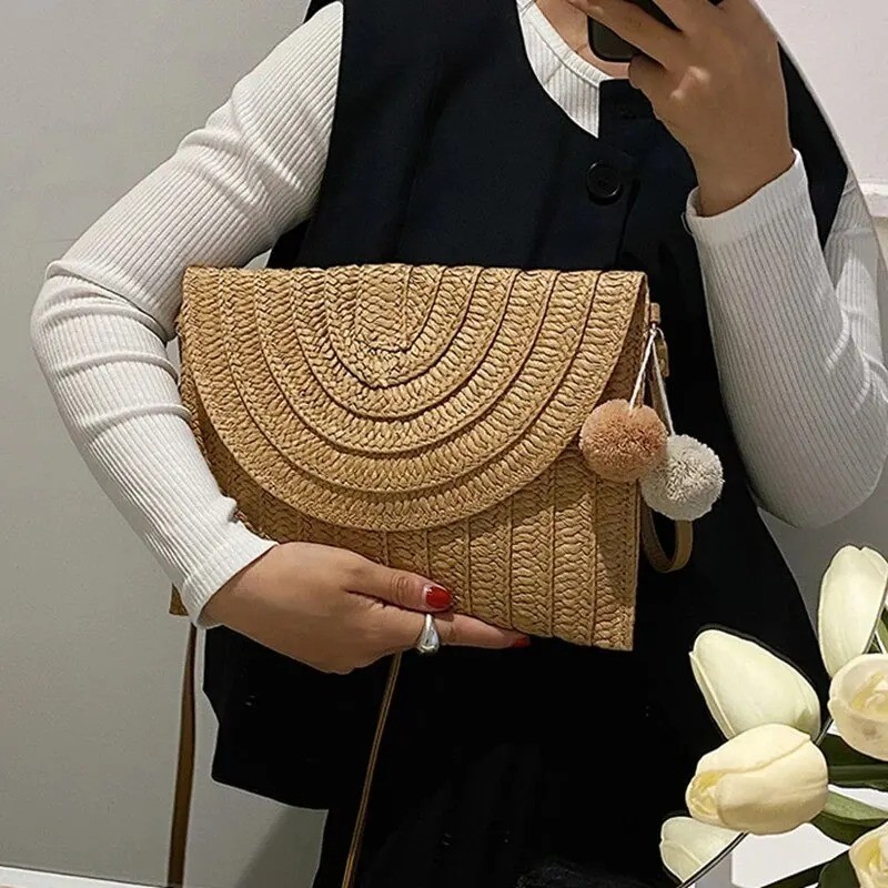 Straw Beach Shoulder Crossbody Bag Girls Handmade