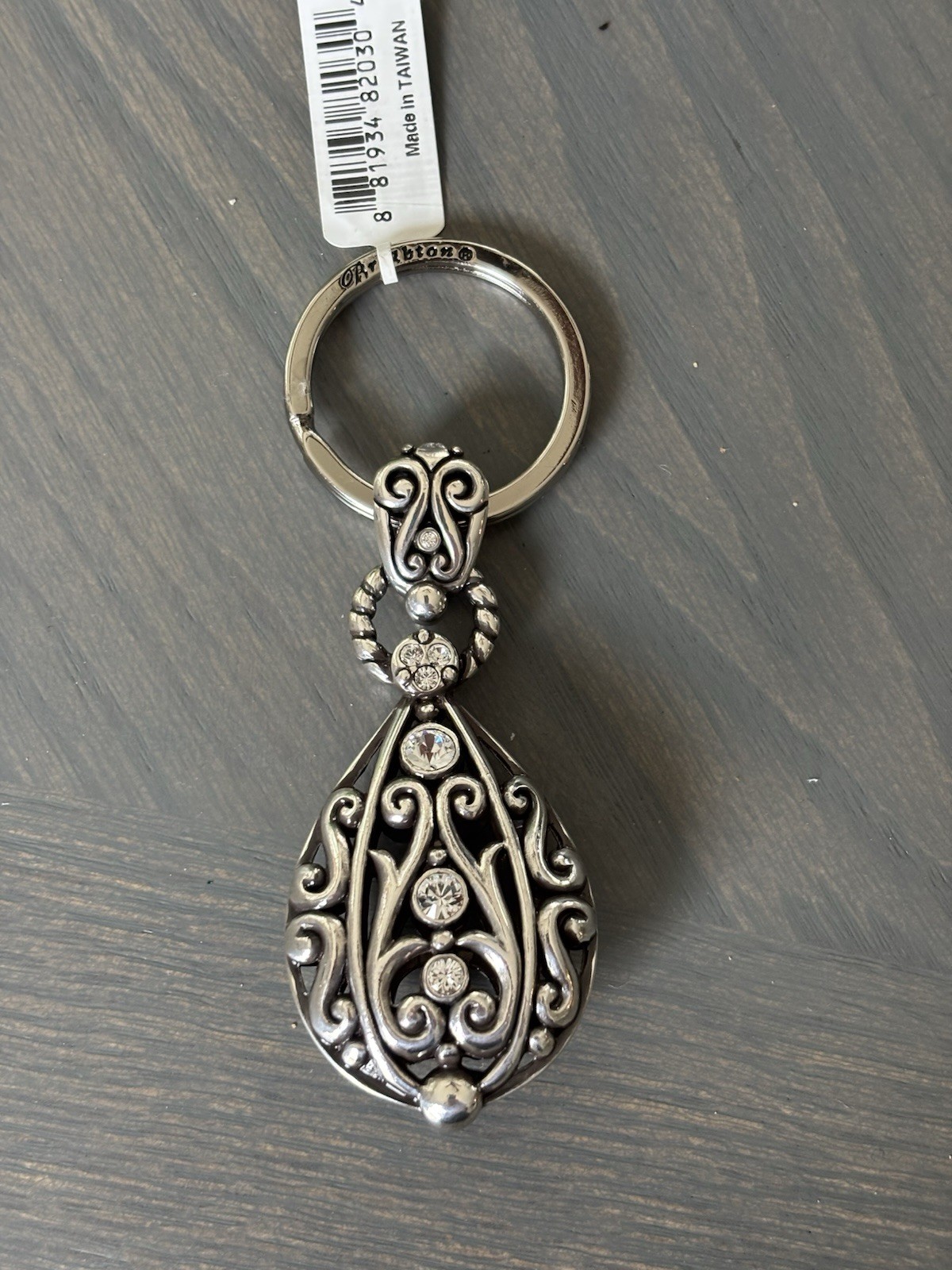 Brighton Silver Tone Metal Teardrop Scroll Key Chain w/ Rhinestone Accents