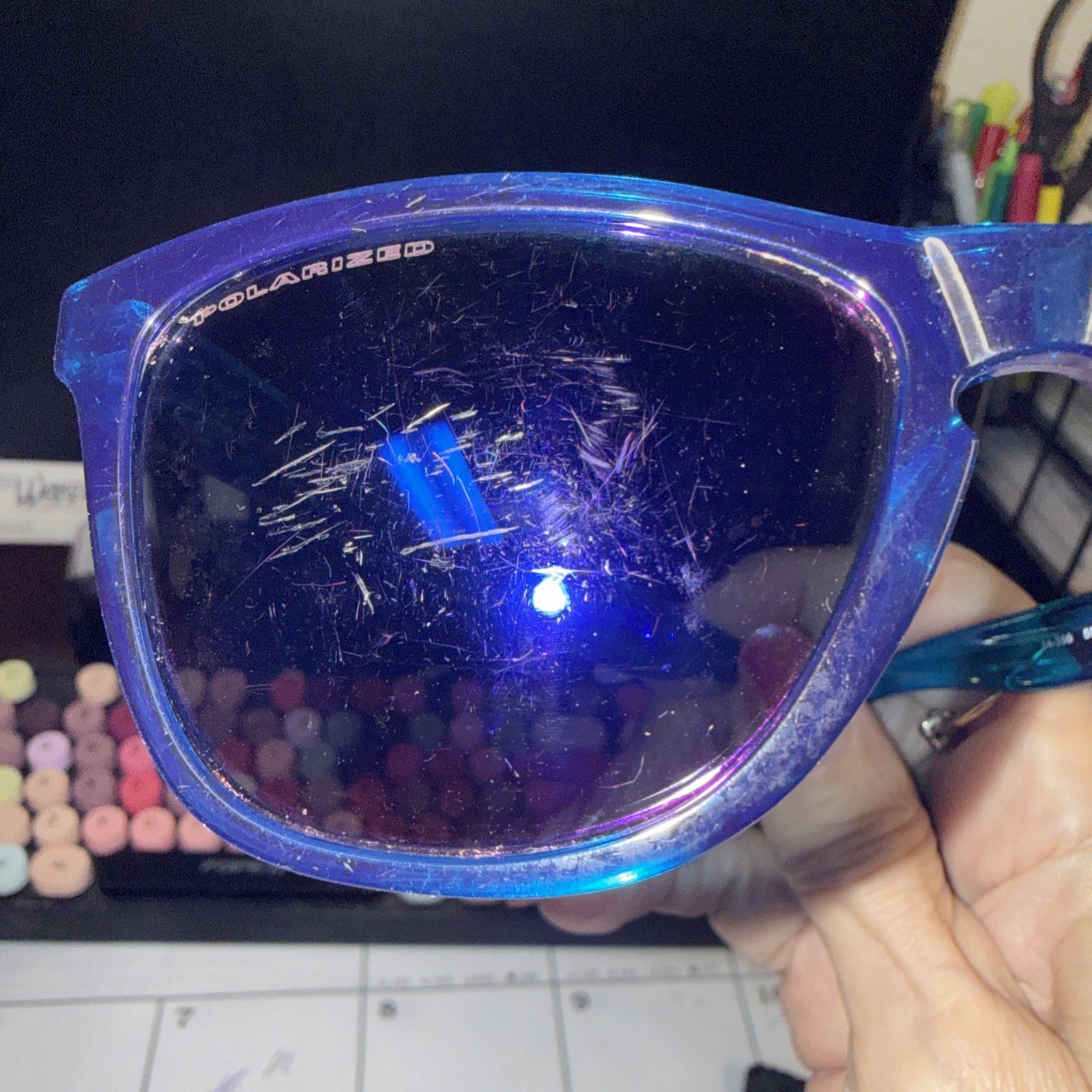 Used Oakley Frogskins BLUE FRAME Sunglasses model 24-356 lens have scratches.