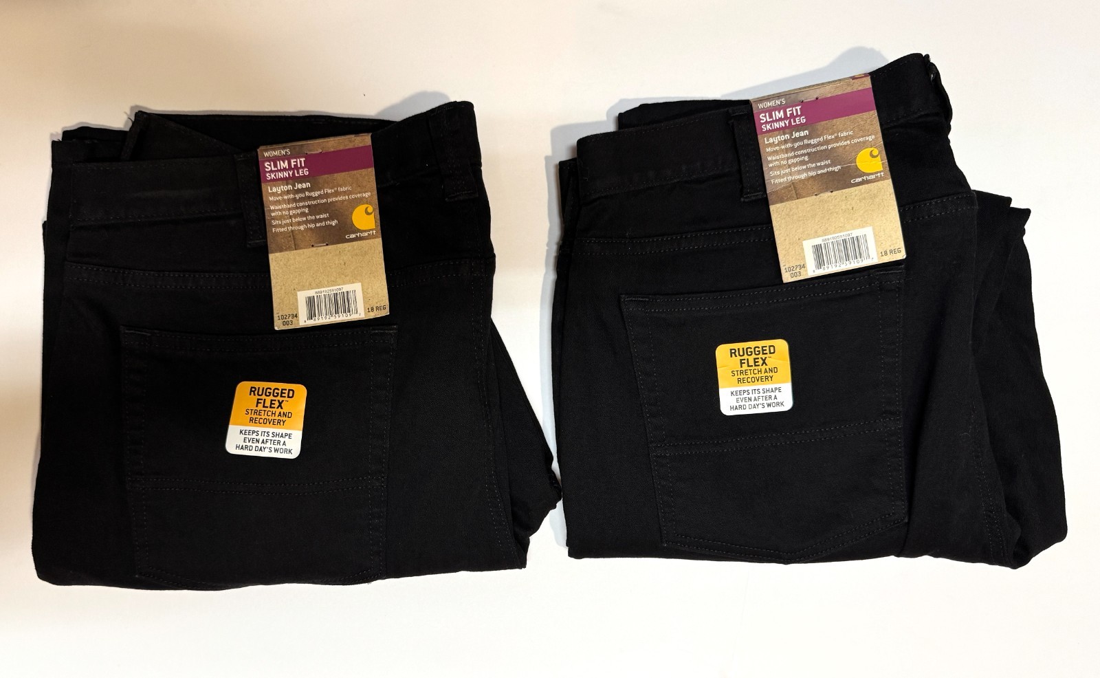 NWT 2 Pairs Carhartt Women’s Slim Fit Layton Skinny Leg Jean, Onyx, Black 18 Reg