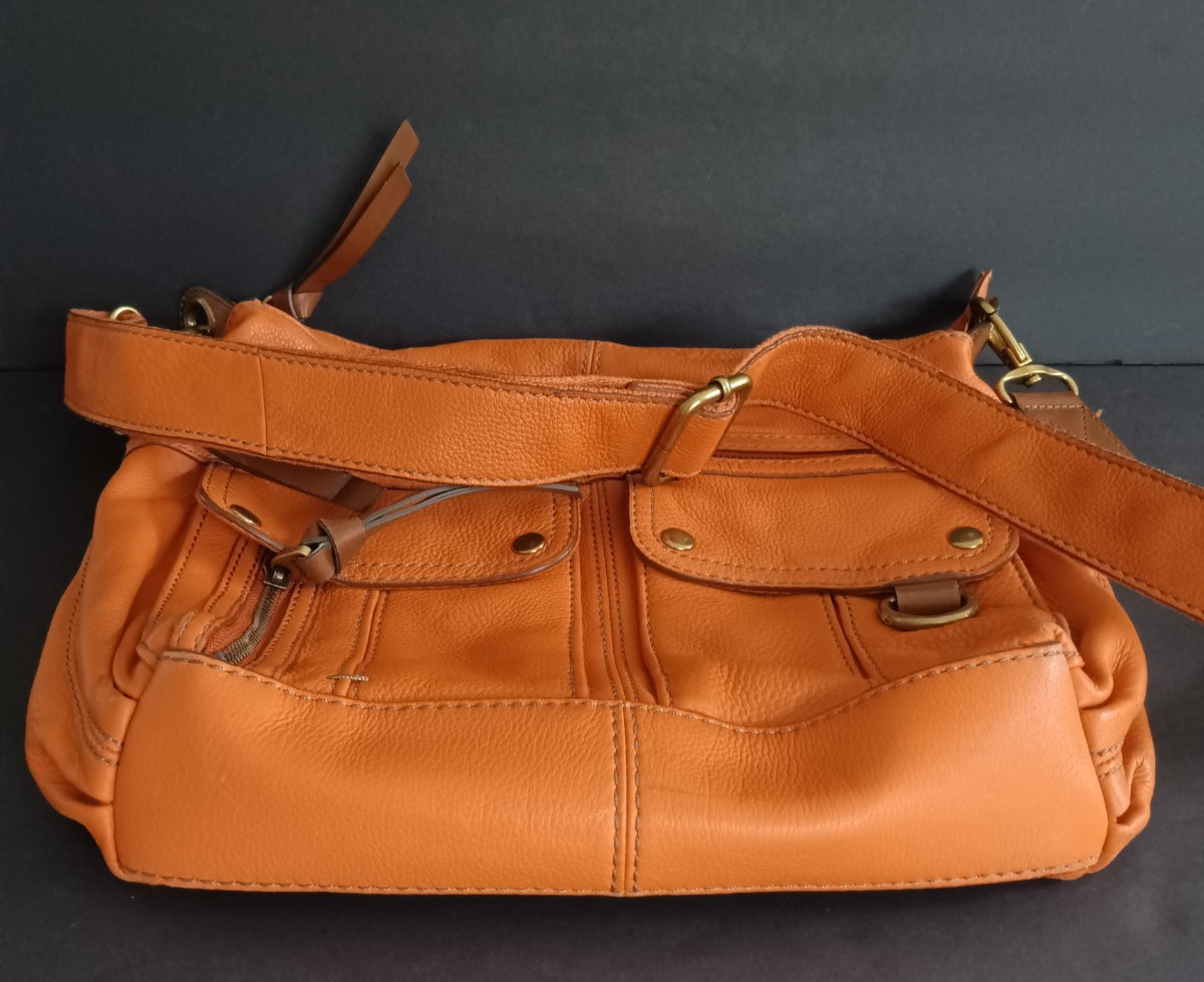 Fossil Crossbody Shoulder Bag Cognac Orange Leather Multi Pocket Brass