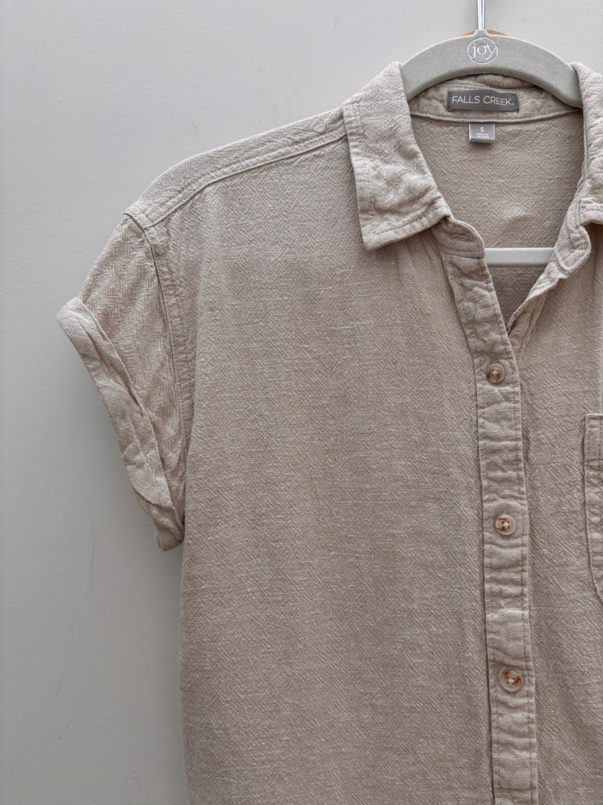 Falls Creek Button Down Shirt Women’s Top Ivory Beige Linen Blend Front Tie Sz S