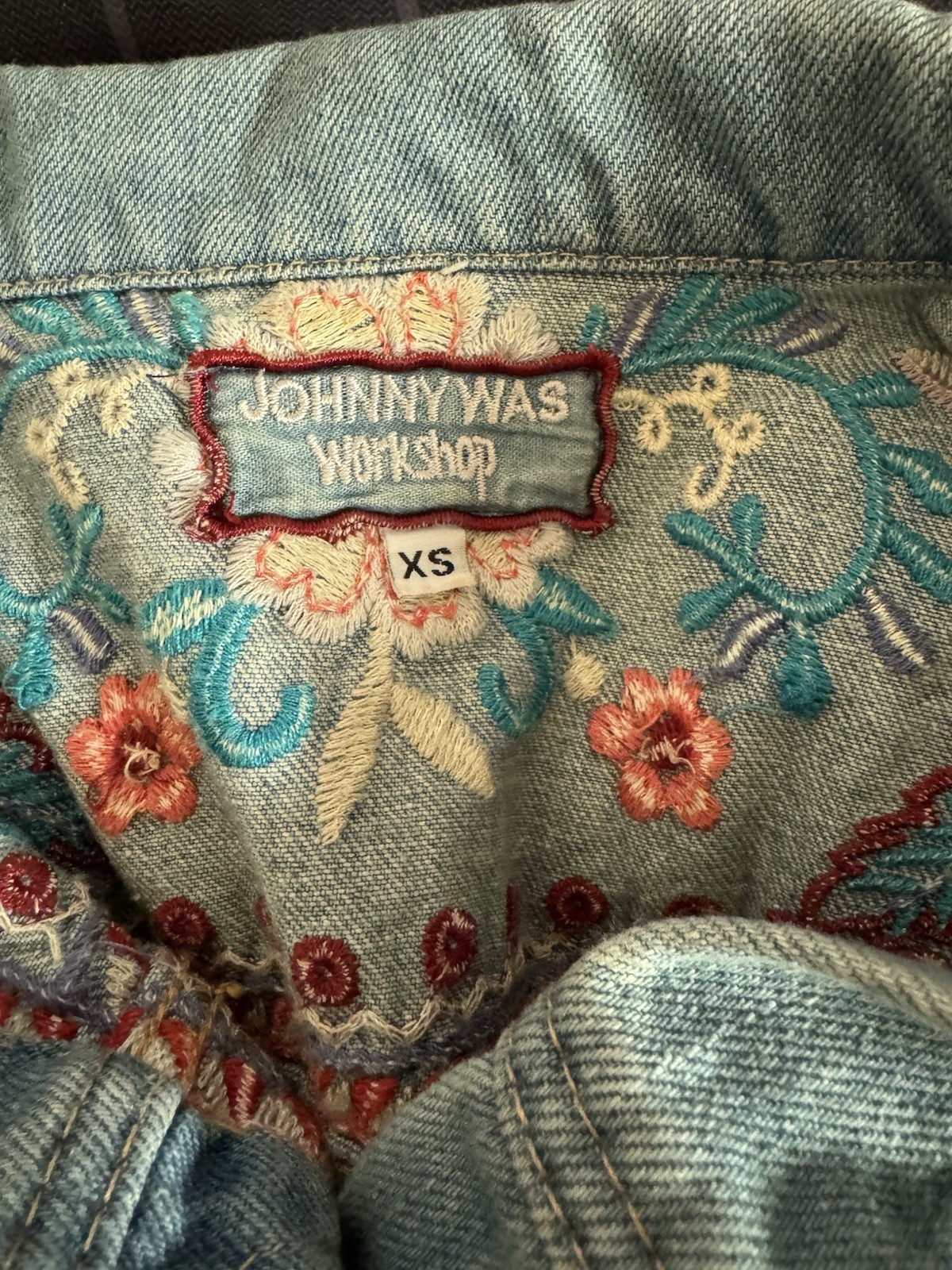 Johnny Was Oman Embroidered Denim Jean Jacket Women’s Boho Artsy Colorful XS