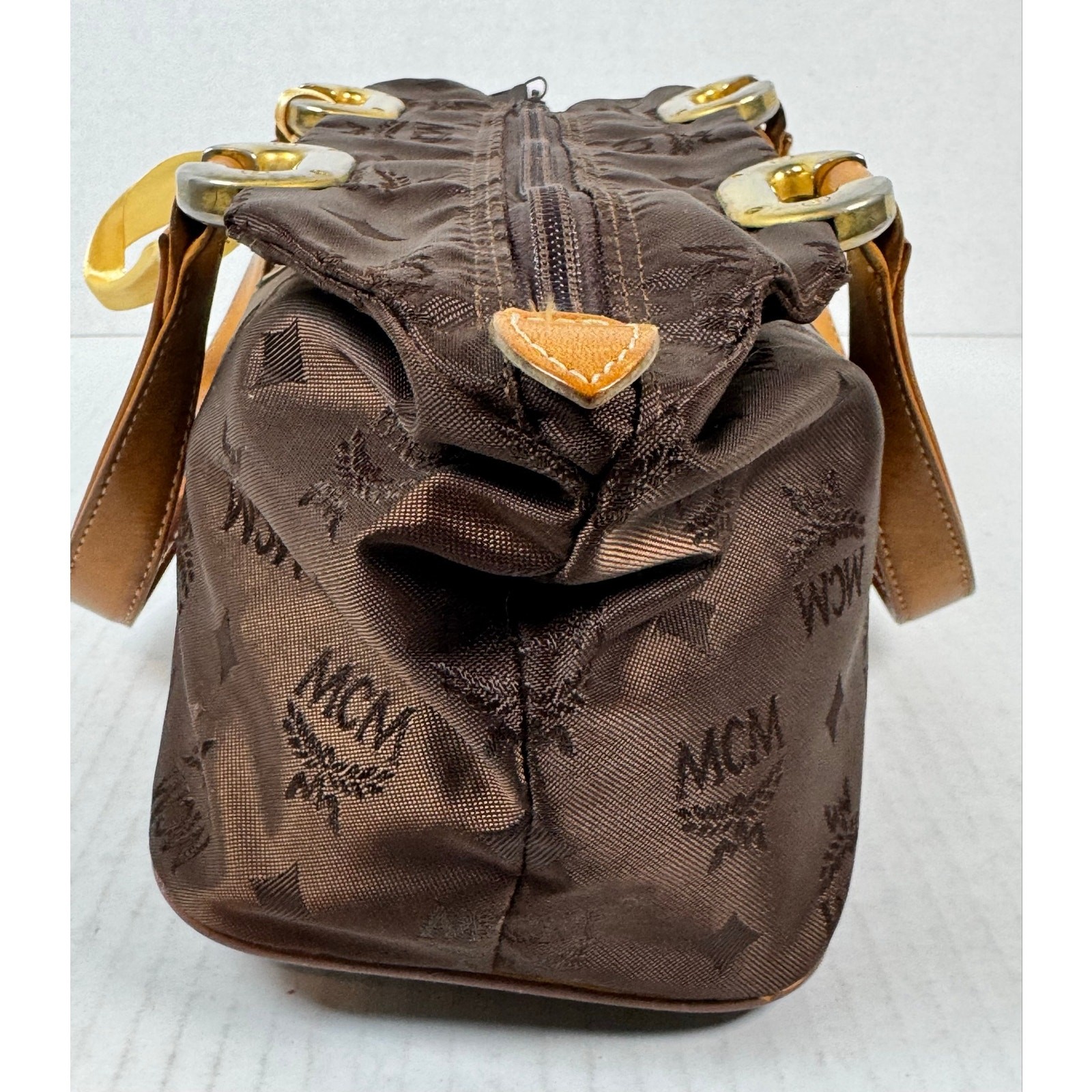 MCM Brown Monogram Nylon Handbag Cognac Leather Trim COA