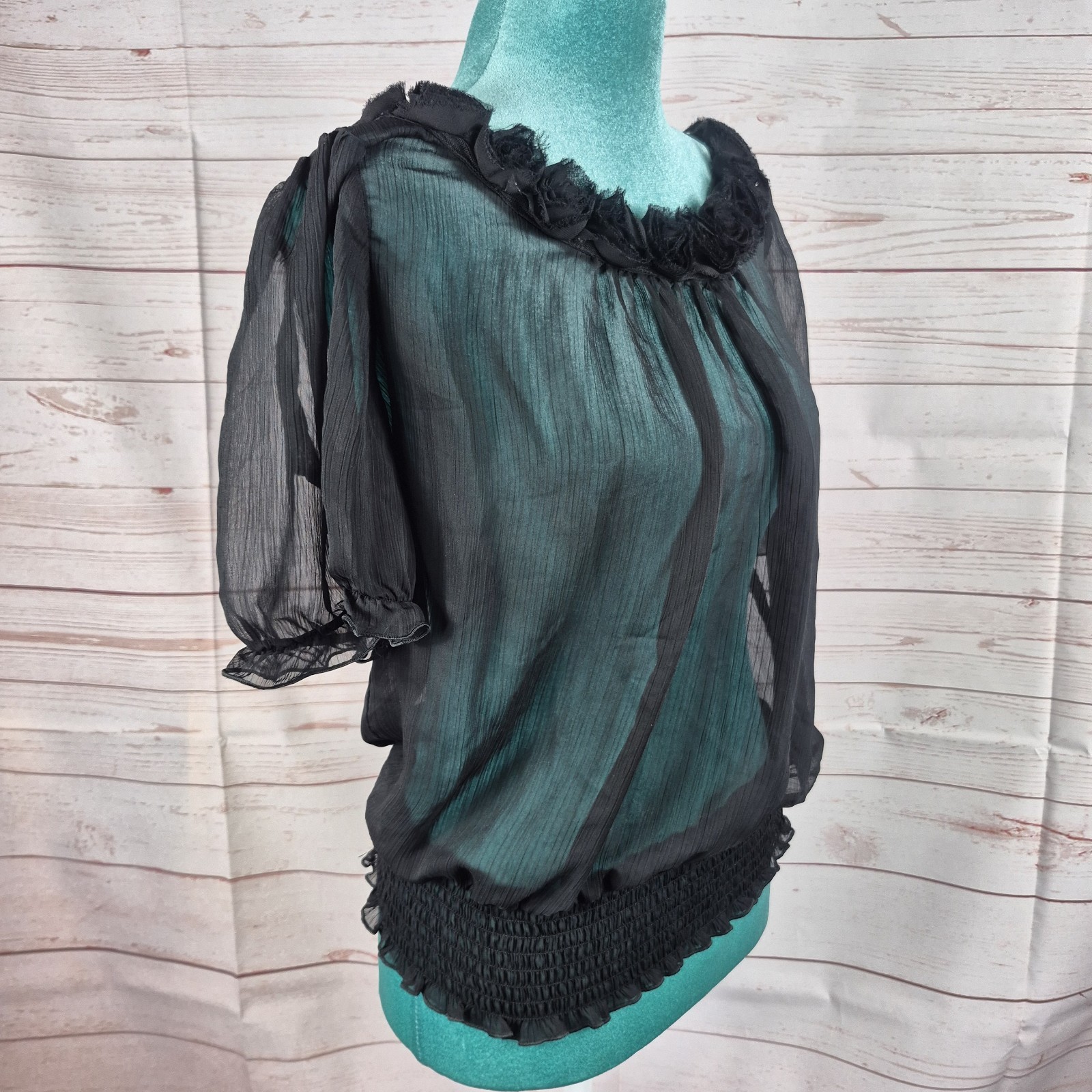 B Wear Womens Black Top Sheer Blouse Sz XL Whimsigoth Witchy Rosebud Neck Detail