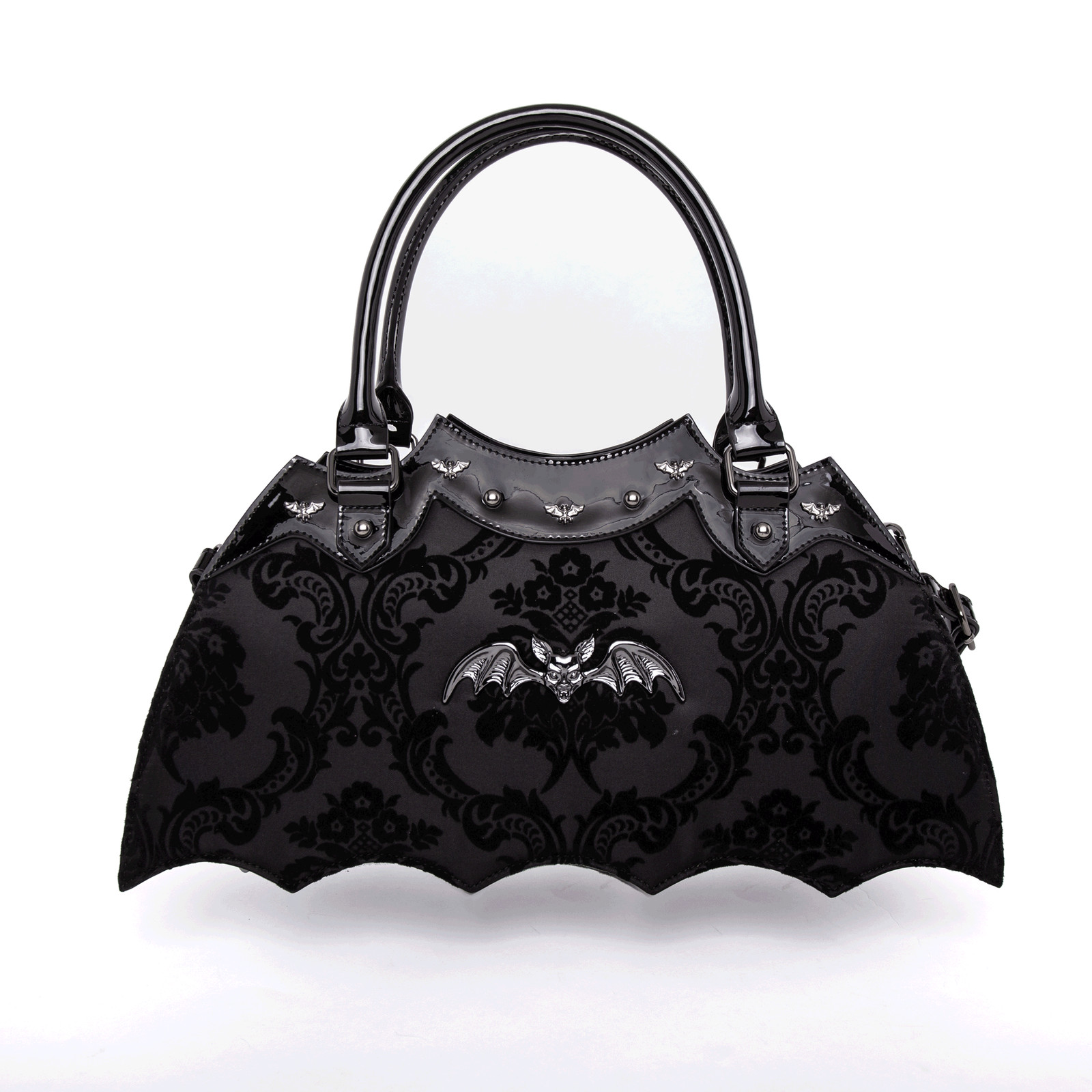 Bat Shaped Purse Damask Print Metal Bat on Bag with Shoulder Strap (Black)