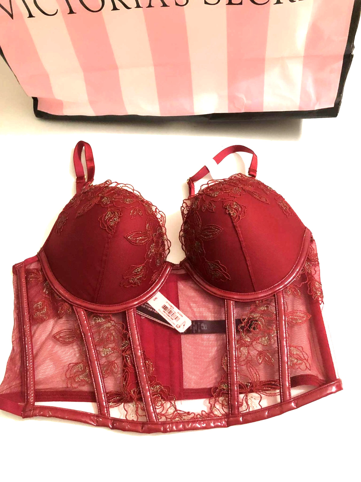 Victoria’s Secret Very Sexy Push Up Corset Bra Lace Faux Leather Deep Red NWT