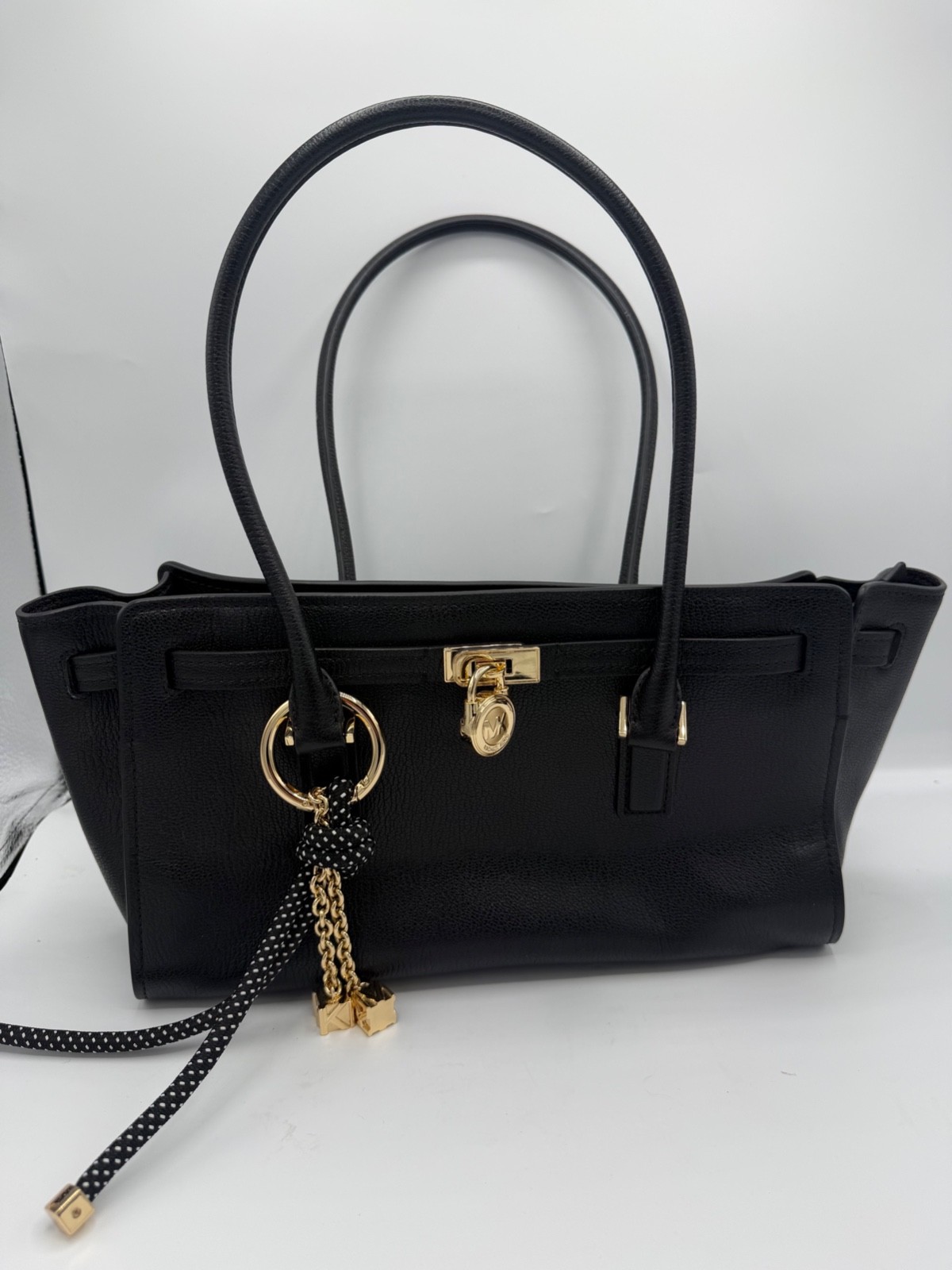 Michael Kors Hamilton Moderne Large Black Leather Tote Gold Lock MK Charm
