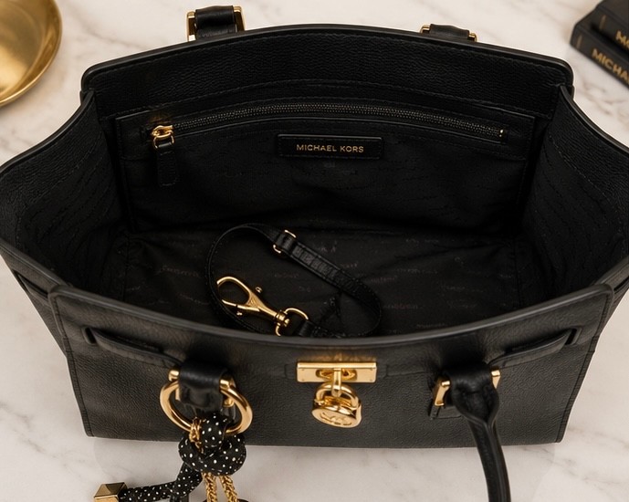 Michael Kors Hamilton Moderne Large Black Leather Tote Gold Lock MK Charm