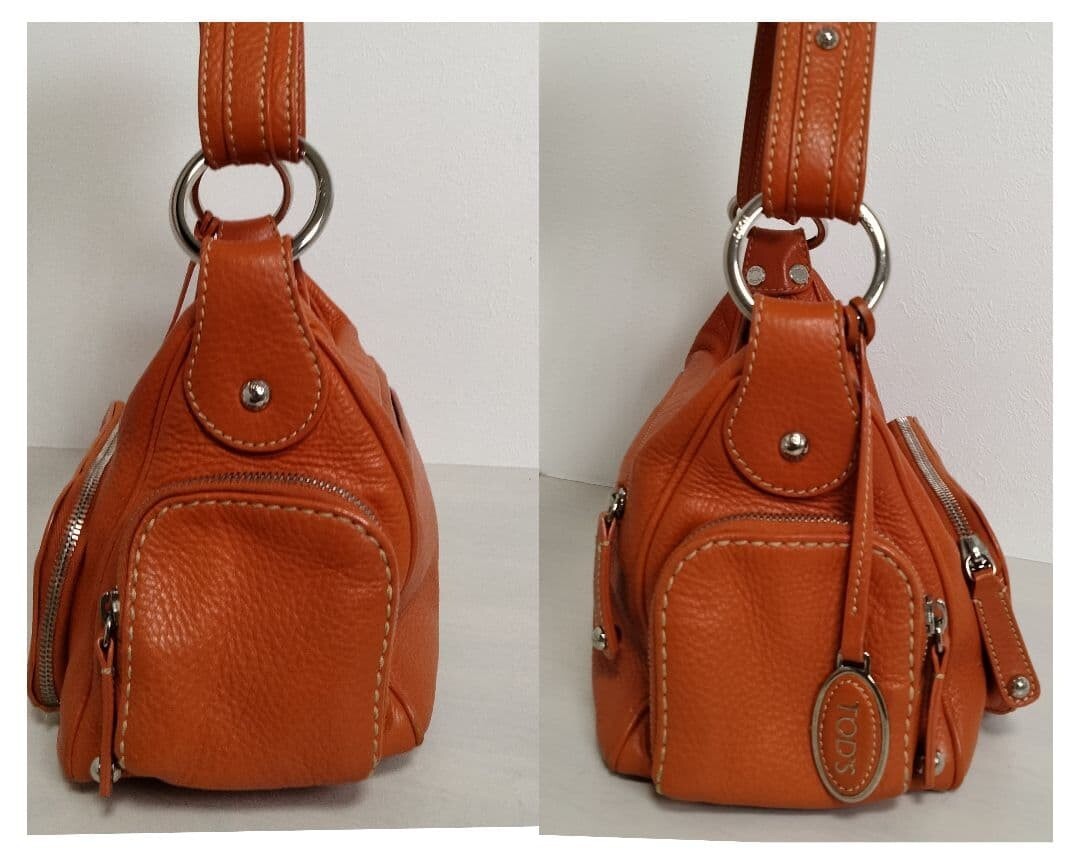 TOD’S Y2K Shoulder Bag Orange Pebble Leather Multi Pocket Logo Charm Auth