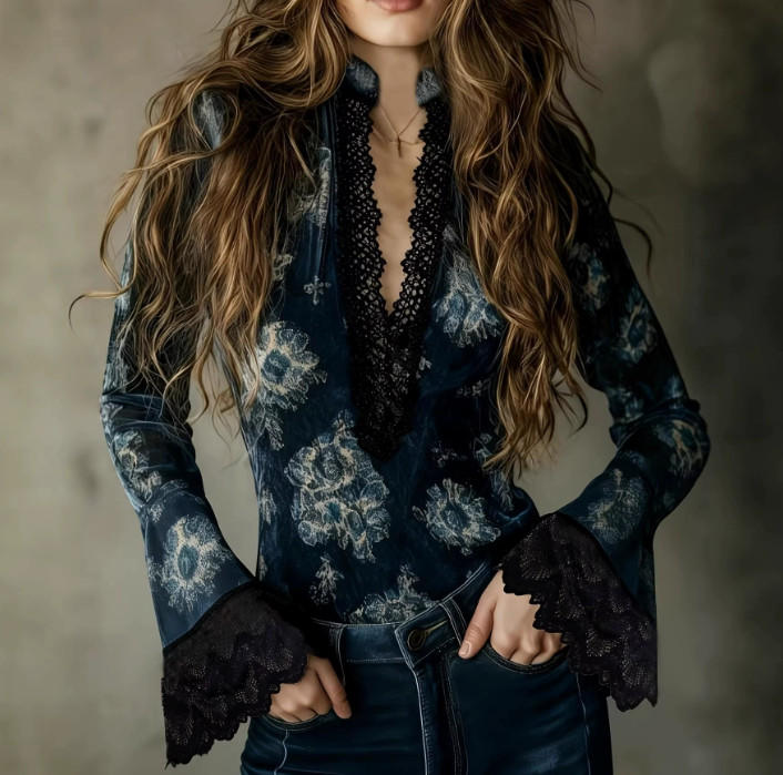 Ladies Dark Blue Velvet Floral Shirt Deep V Neck Lace Flare Sleeve Retro Top