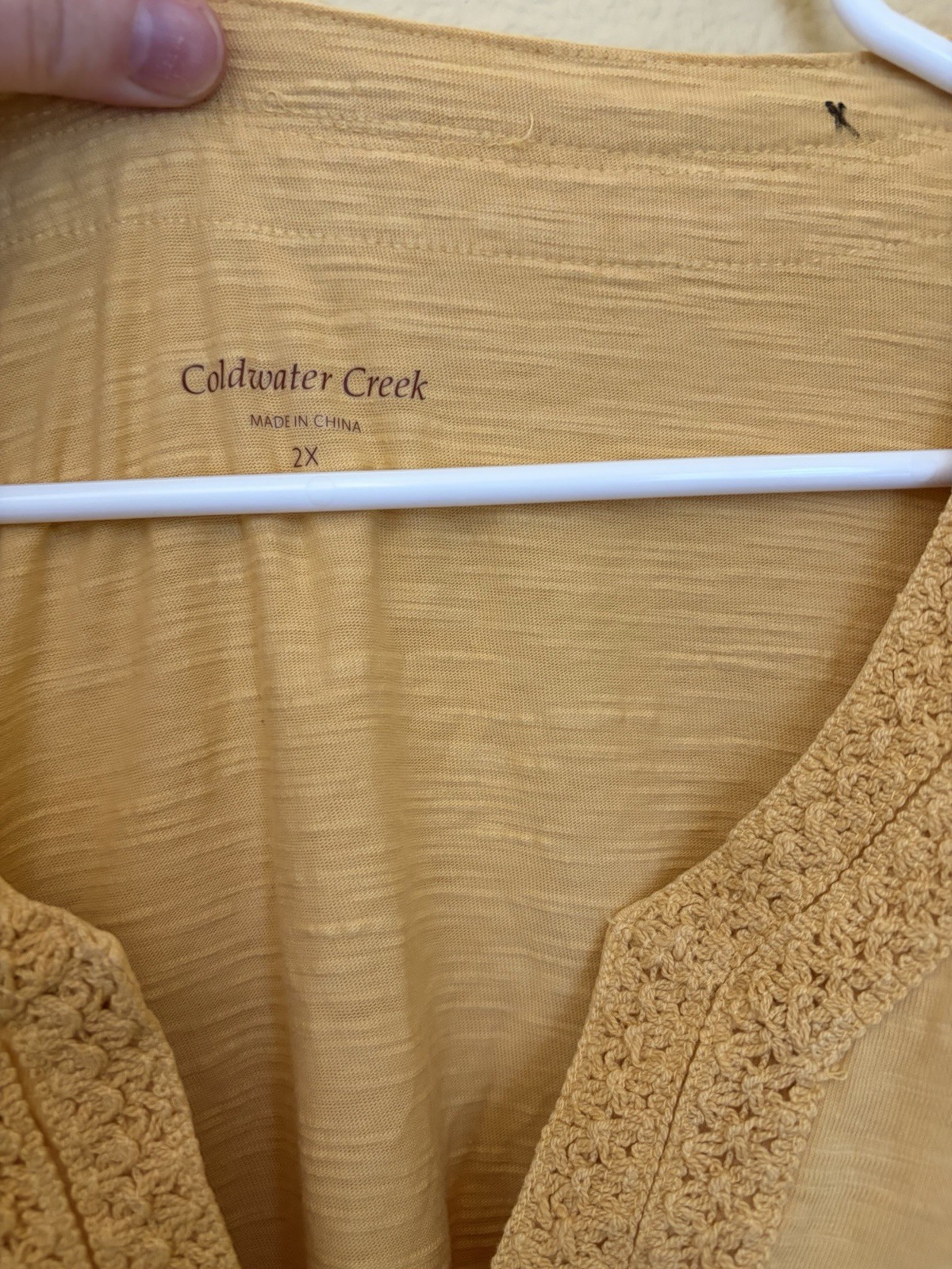Coldwater Creek Womens Top Size 2X Yellow Crochet Detail Cotton 3/4 Sleeve
