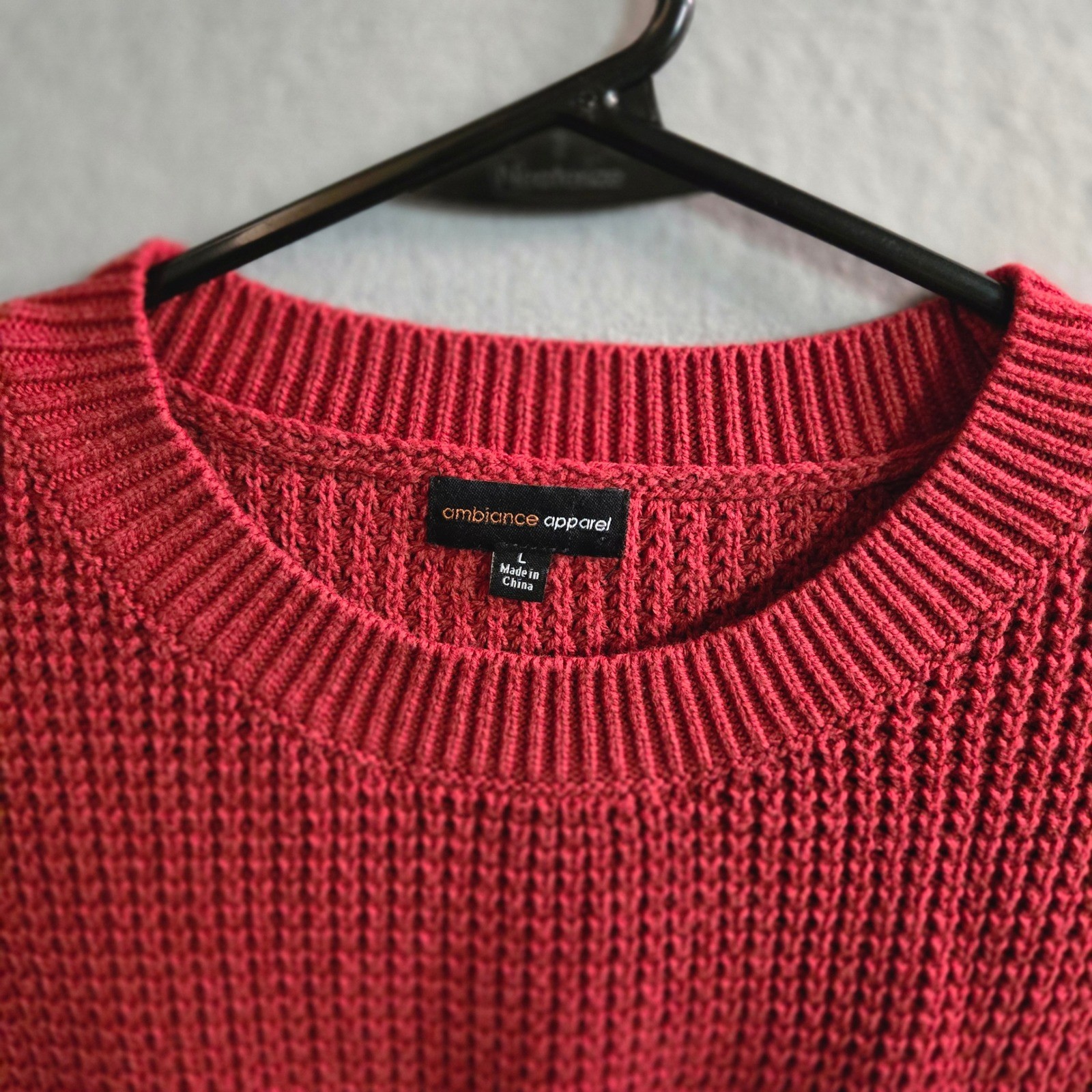 Ambiance Apparel Red Waffle Knit Crewneck Sweater Large Style 65950