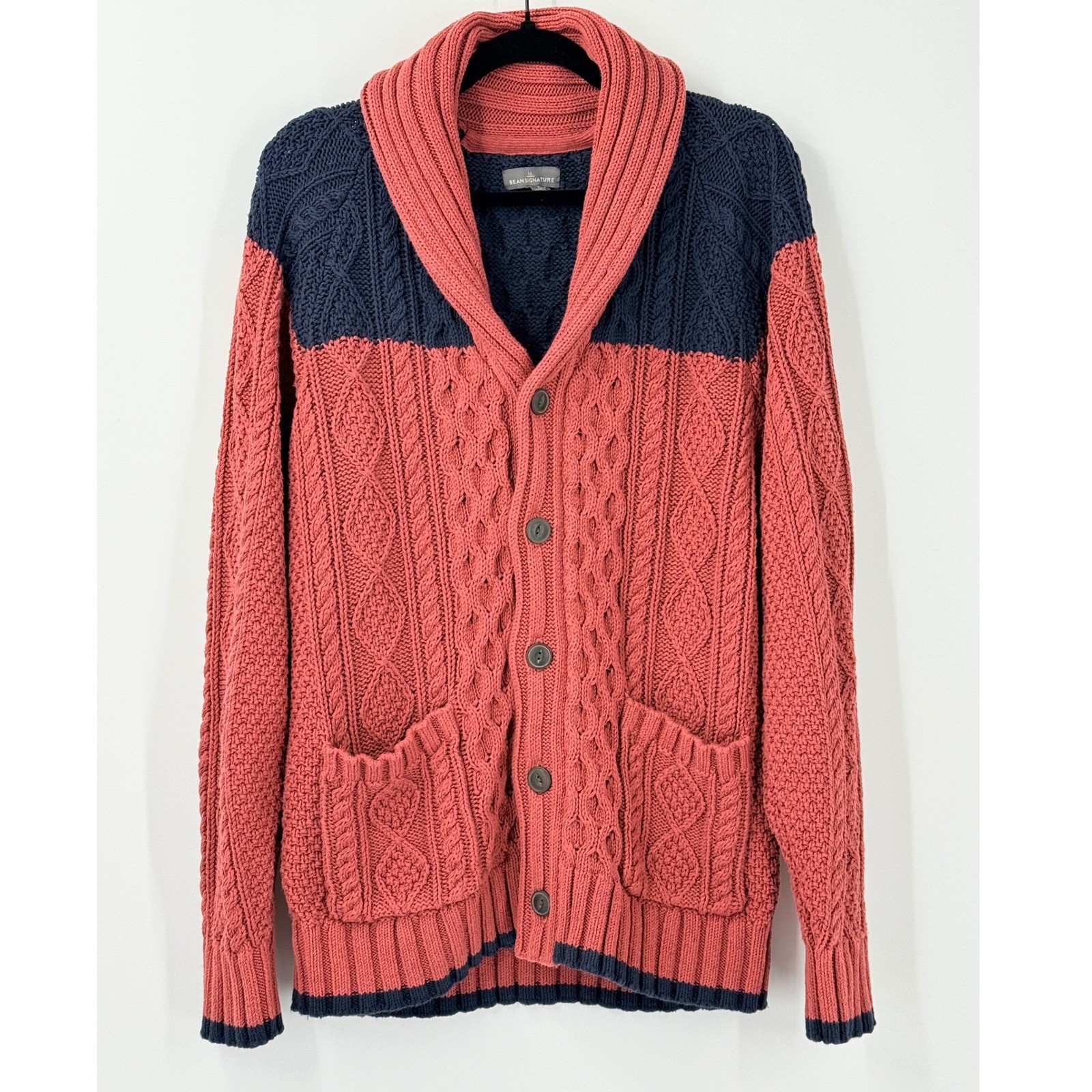 LL Bean Signature Mens M Shawl Collar Cable Knit Cardigan Sweater dad academia