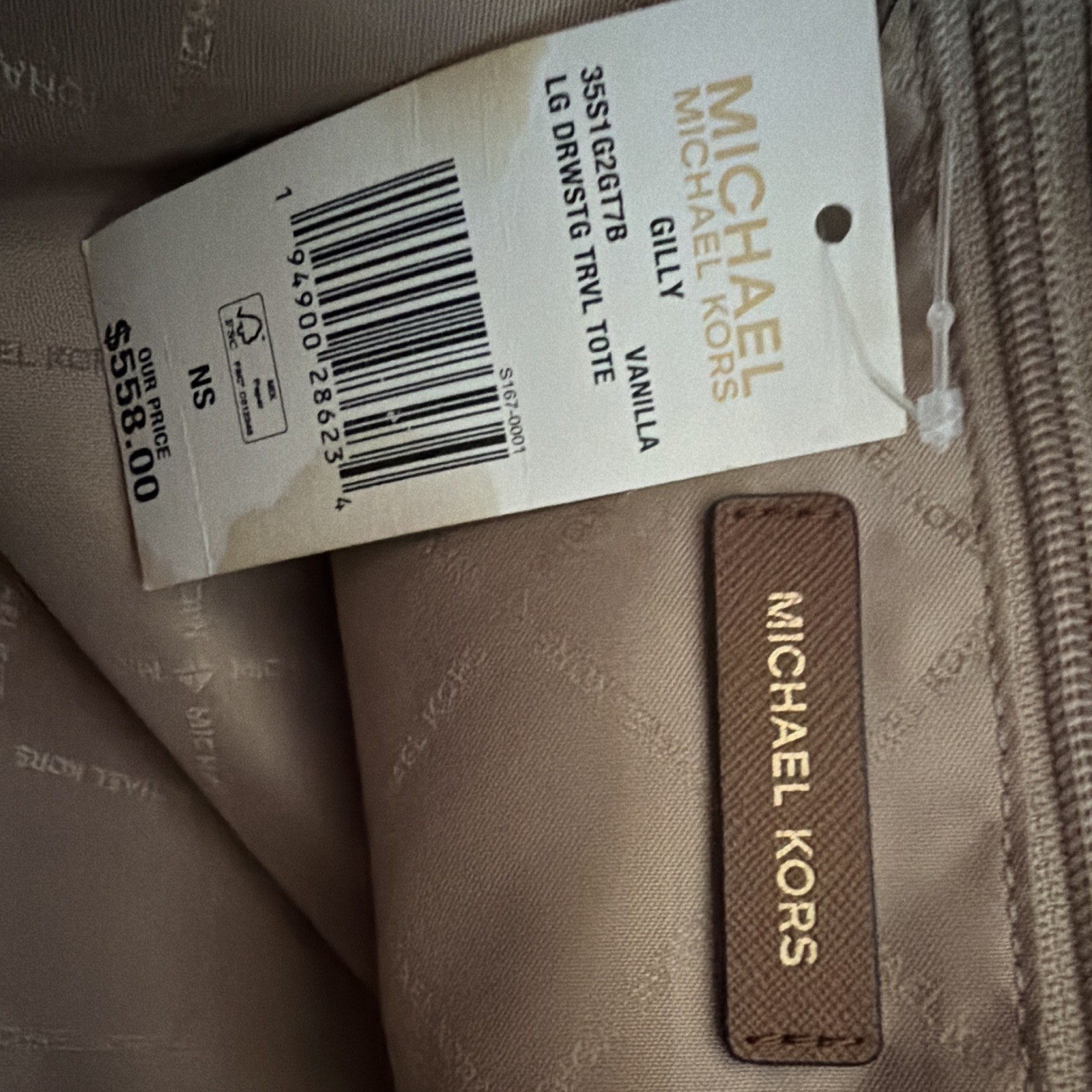 Michael Kors Monogram Large Tote Handbag Beige/Brown Gold Hardware MK Charm