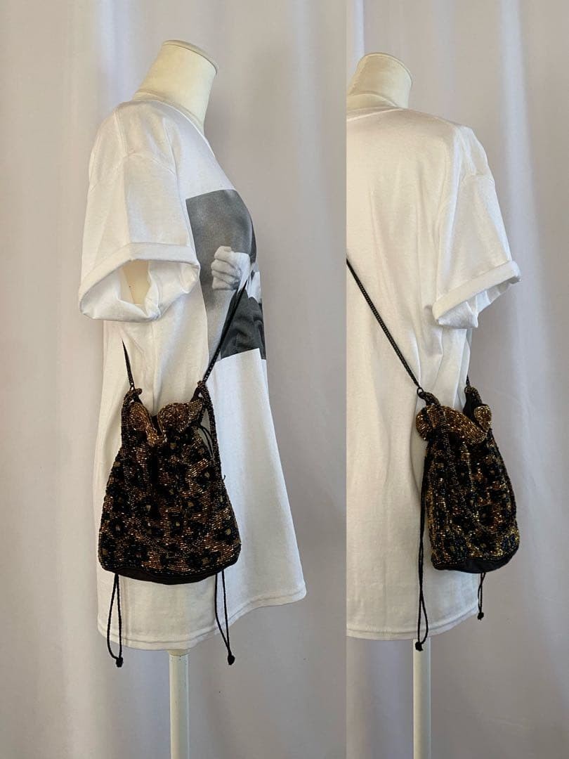 Vintage Leopard Beaded Party Bag Gold Tone Crossbody with Chain and Drawstring