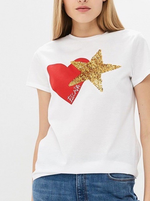Escada Sport Red Heart Sequin Star T-Shirt Small RTP: $181