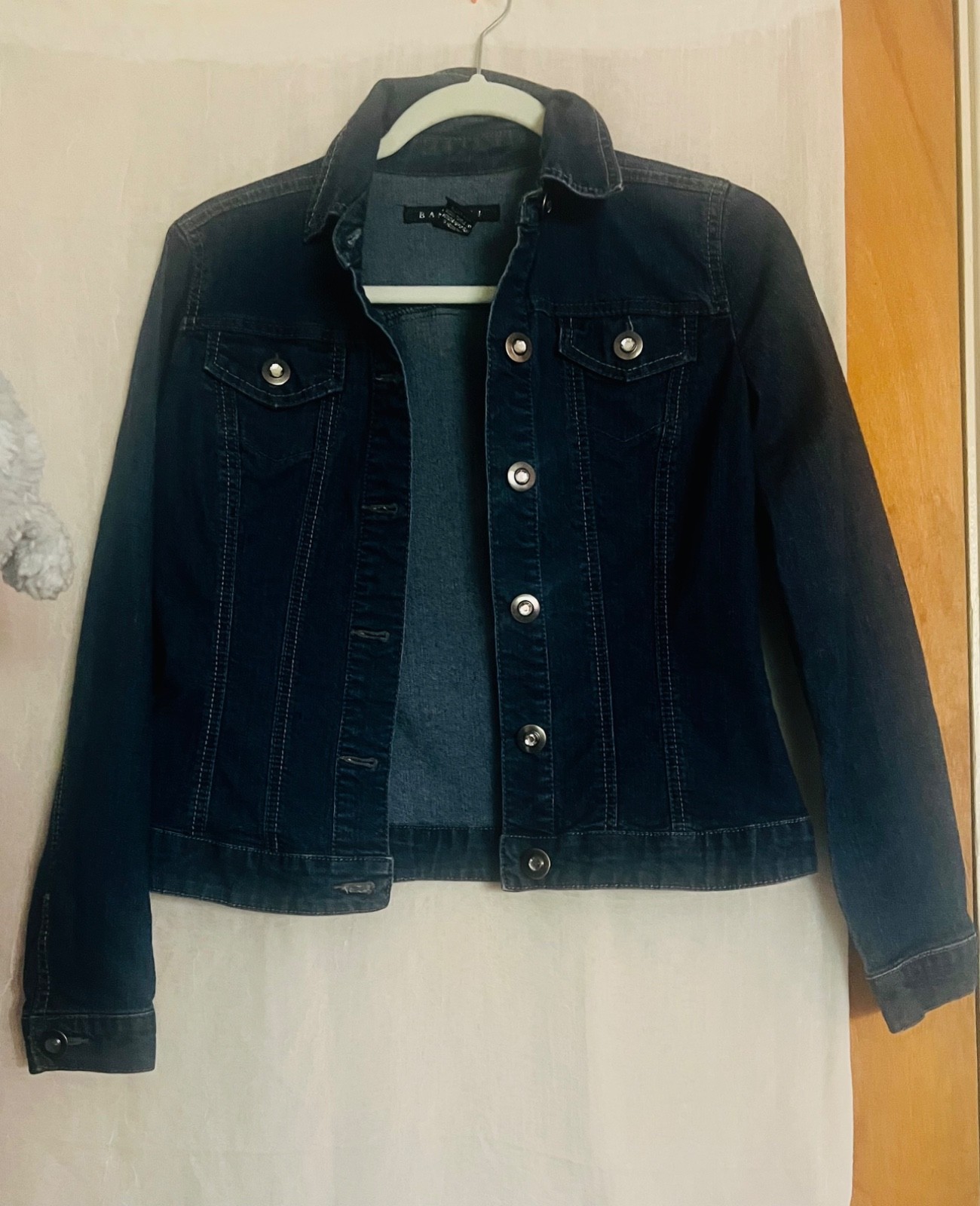 Baccini Dark Wash Denim Jacket Petite Small PS Button Front Stretch Jean Jacket