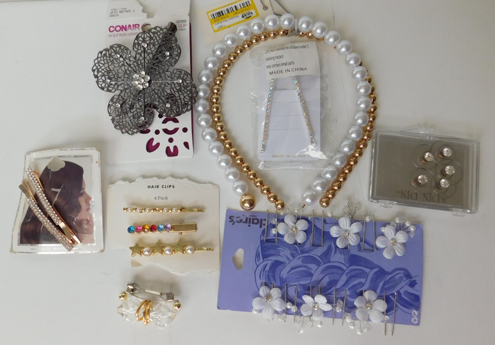 Mixed Hair Accessory Lot clips barrettes Spin pins bands – Rhinestones Pearls