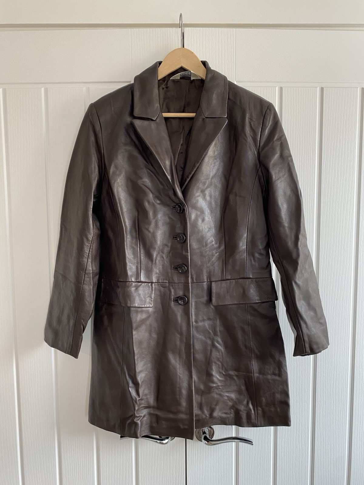 Mode Vintage Ladies Brown Leather Longline Jacket UK 10