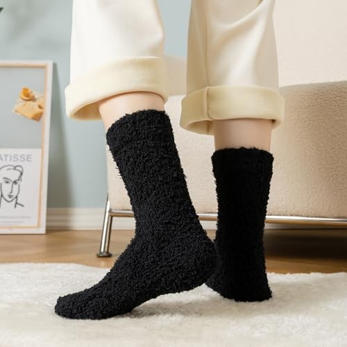 Premillow Womens Fuzzy Socks Fluffy Socks 3 Pairs Black&dark Grey& Light Brown