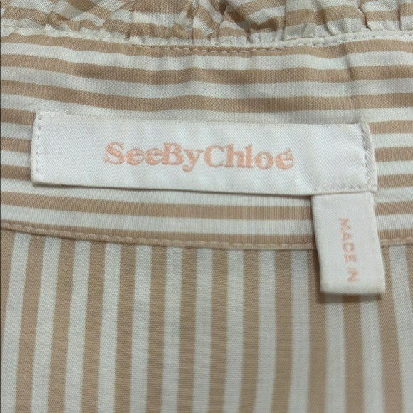 See by Chloe Beige Striped Cotton Ruffled Trim Button Up Blouse Top – 40