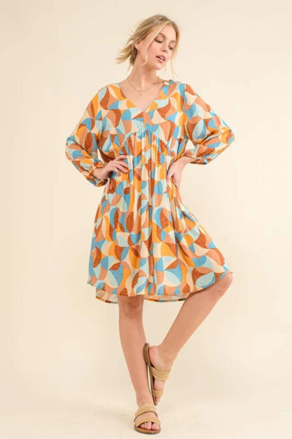 And The Why Rayon Colorful Geometric Open Back Puff Sleeve Casual Dress