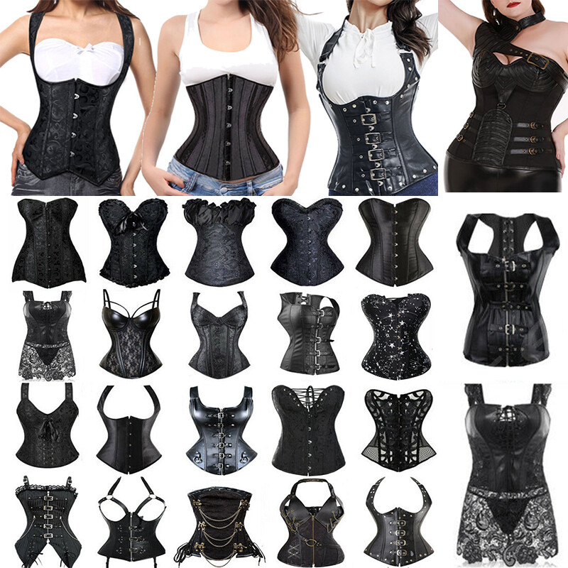 Sexy Black Bustier Overbust Corset Top Waist Training Lace Up Steampunk Lingerie